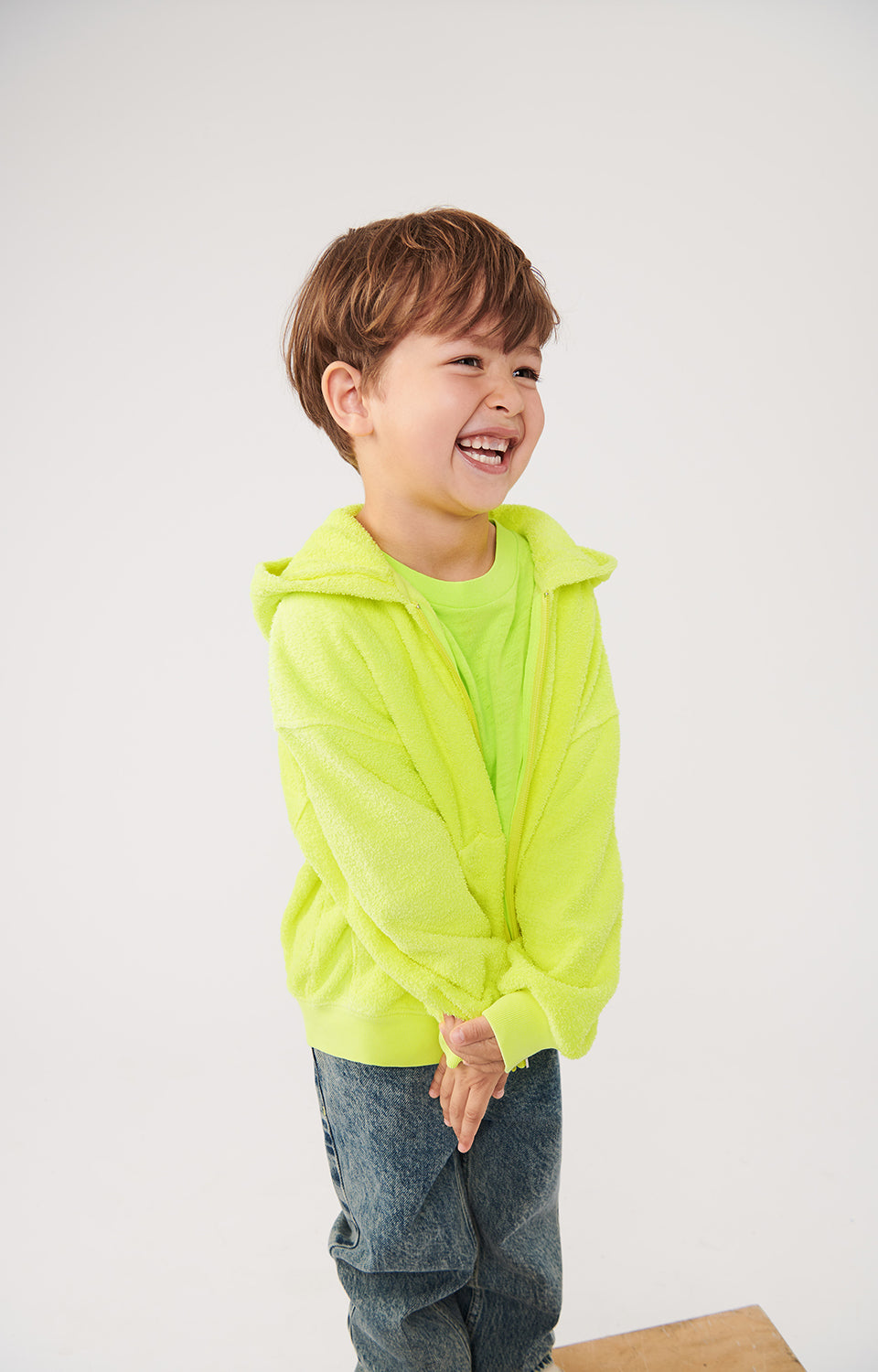 Boys & Girls Fluo Green Cotton Zip-Up Top