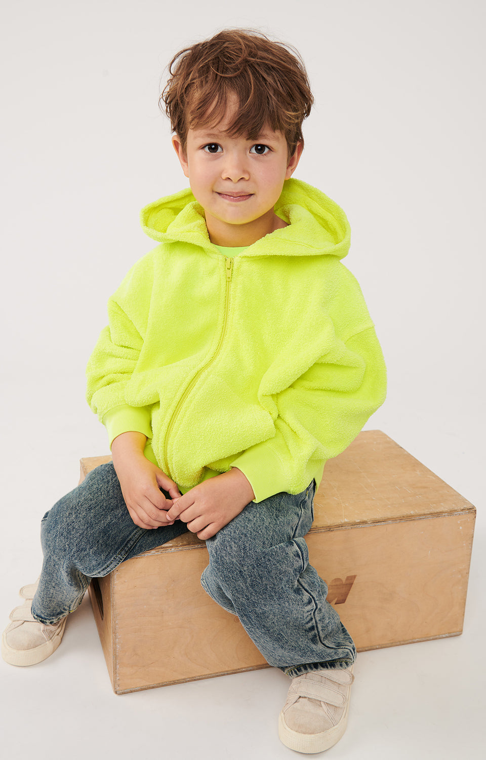 Boys & Girls Fluo Green Cotton Zip-Up Top