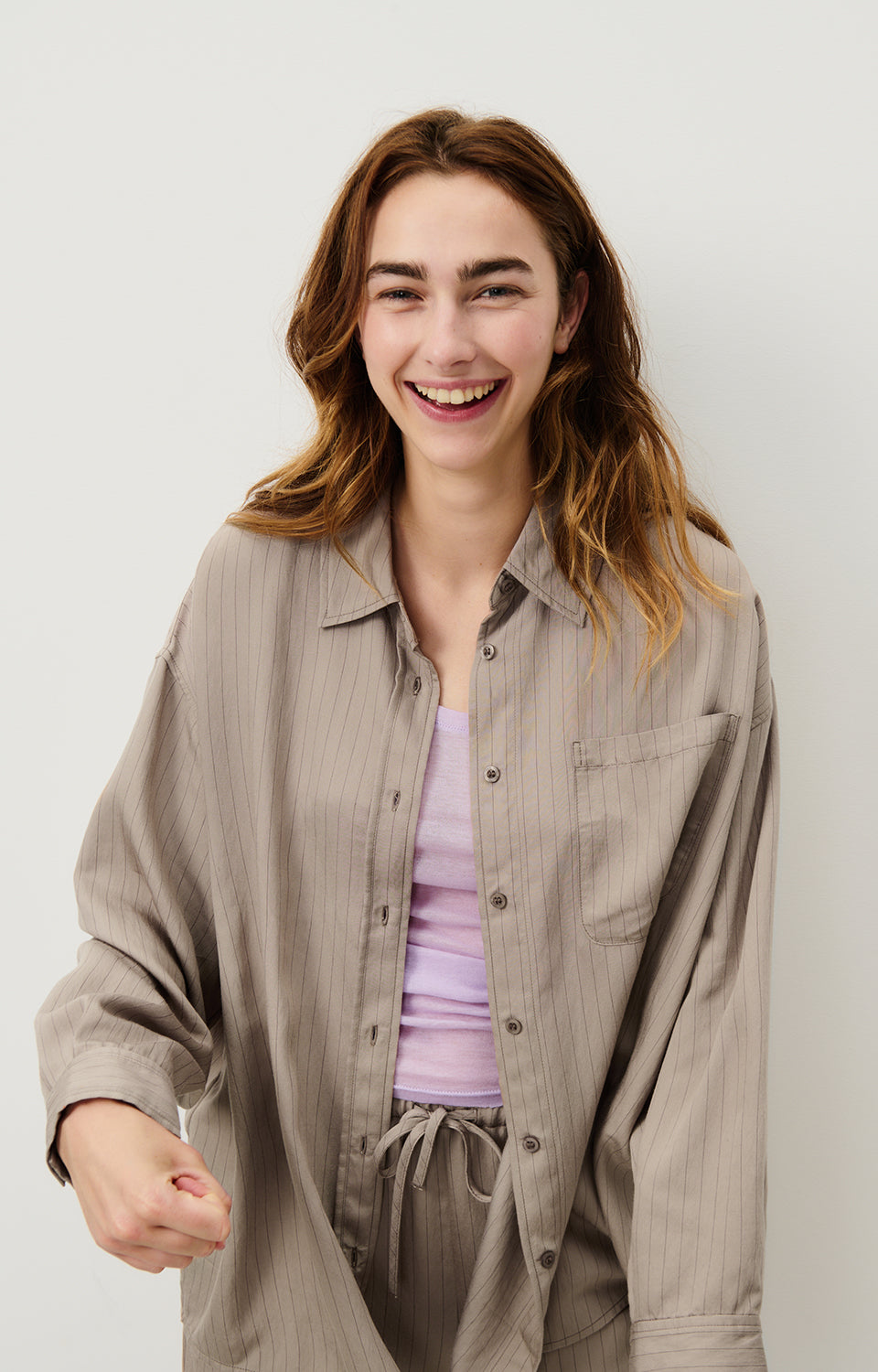 Women Beige Grey Stripes Shirt