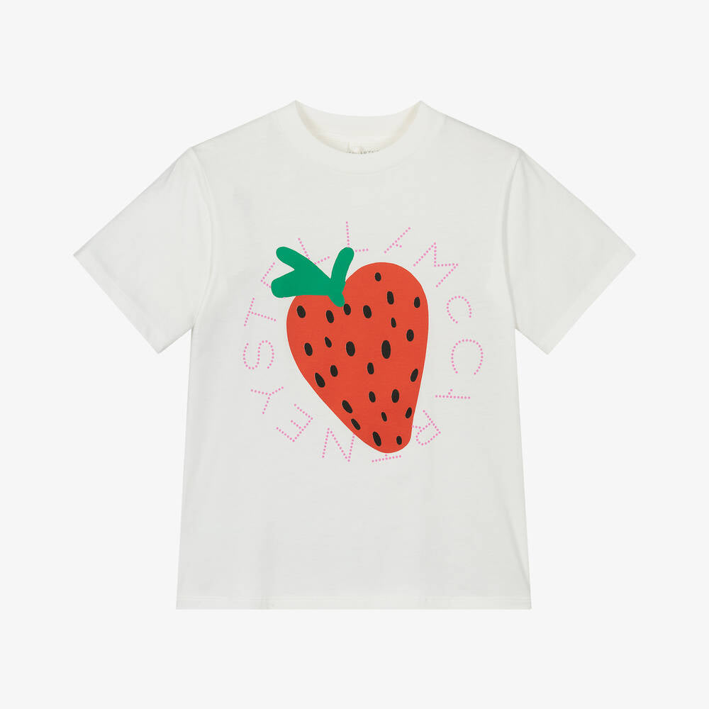 Girls Ivory Strawberry Cotton T-Shirt