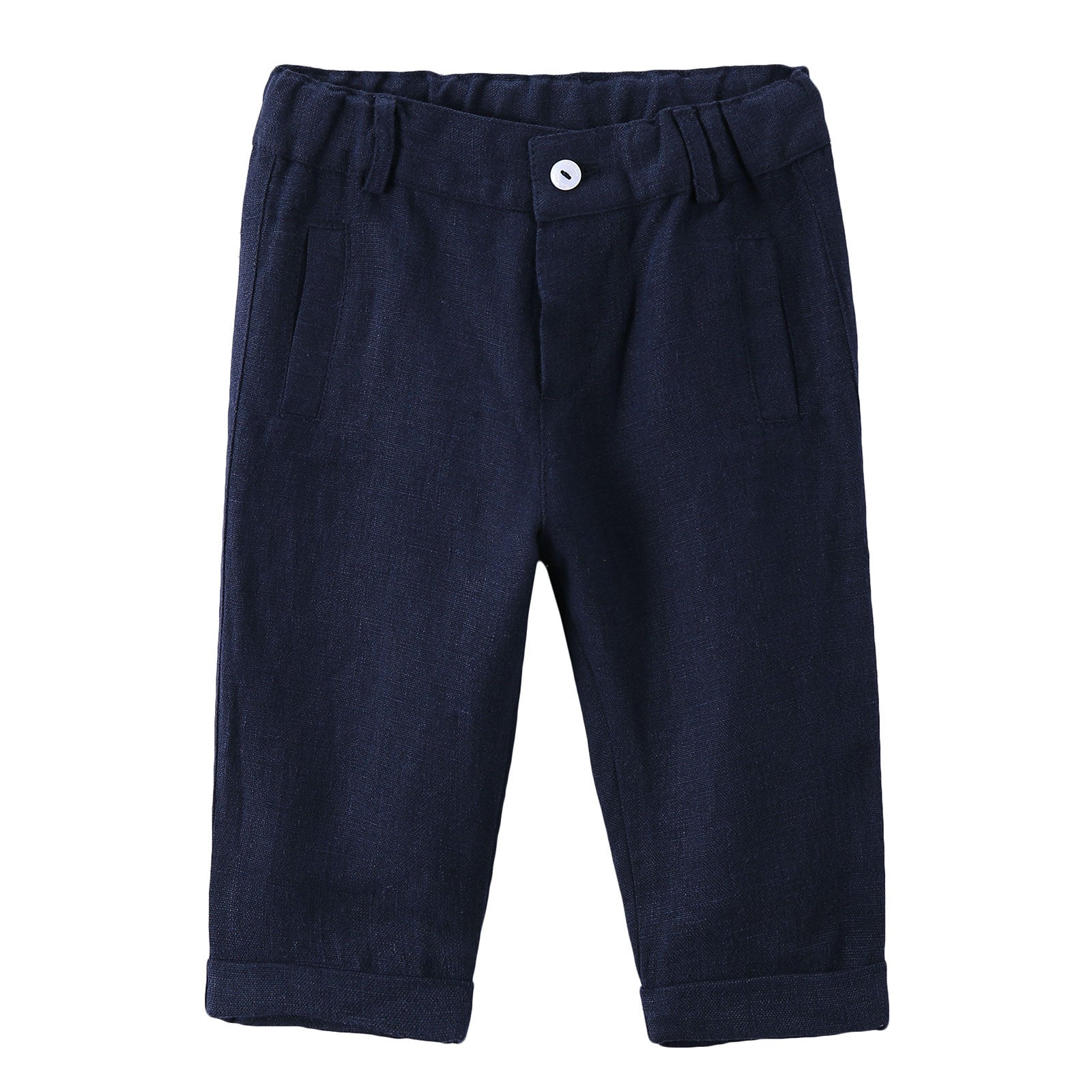 Baby Boys Navy Blue Linen Trousers With Turn-Up Cuffs - CÉMAROSE | Children's Fashion Store - 1