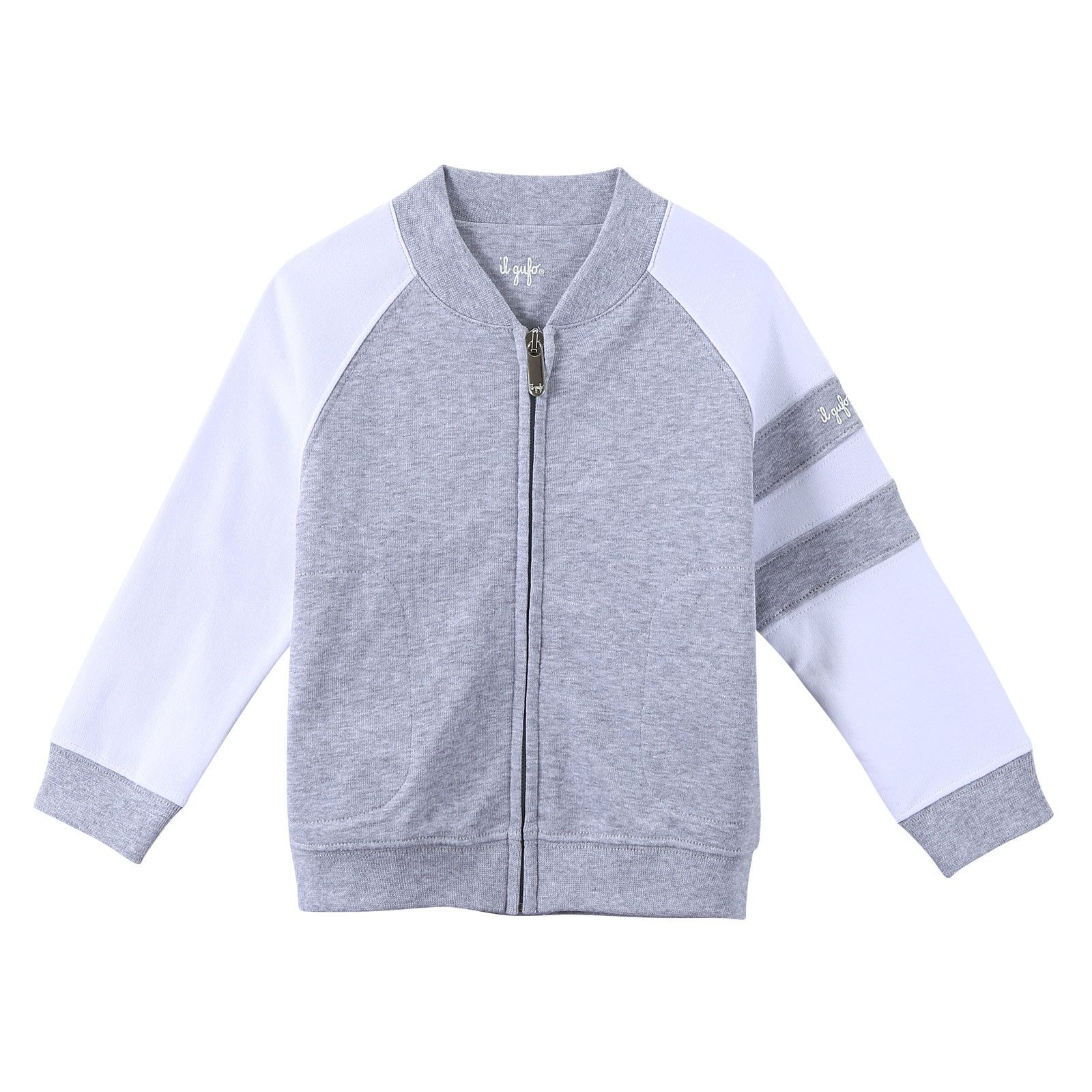 Boys Grey Cotton Knitted Jacket With Stripe Trims - CÉMAROSE | Children's Fashion Store - 1