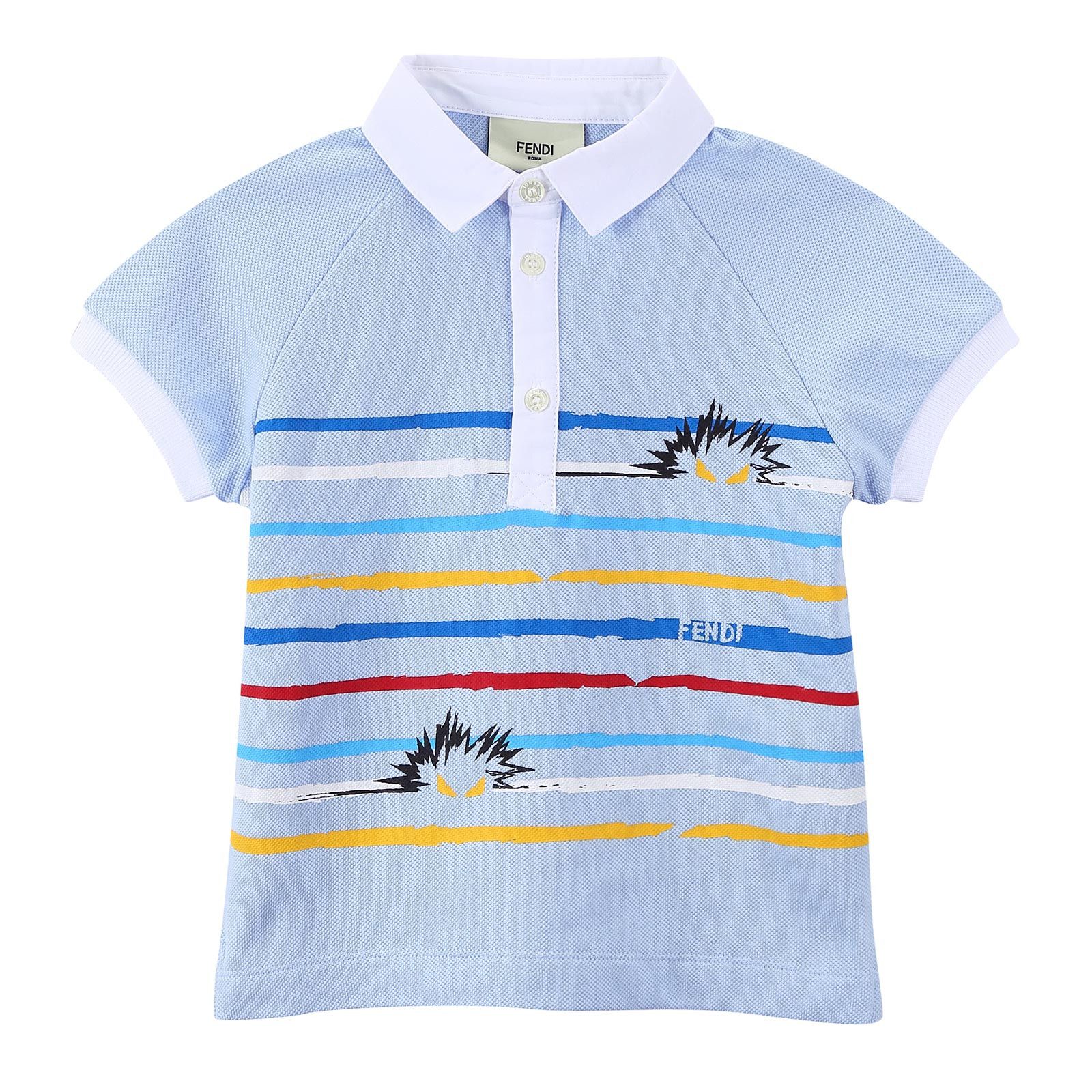 Boys Light Blue Cotton Polo Shirt With Multicolour Stripe - CÉMAROSE | Children's Fashion Store - 1