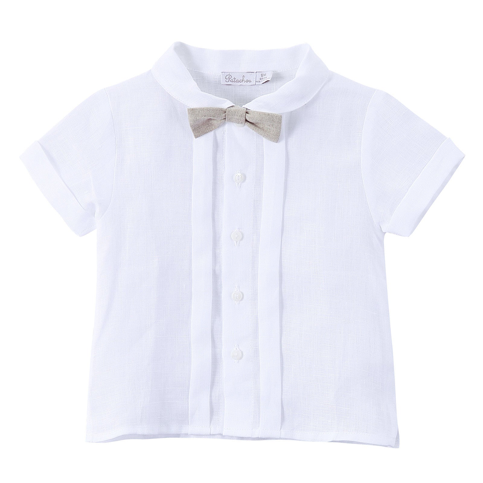 Baby Boys White Linen Shirt With Grey Bow - CÉMAROSE | Children's Fashion Store - 1