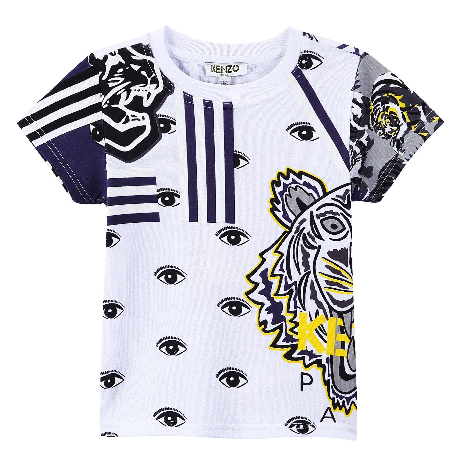 Boys White&Navy Blue Multi-Icones Printed Cotton T-Shirt - CÉMAROSE | Children's Fashion Store - 1