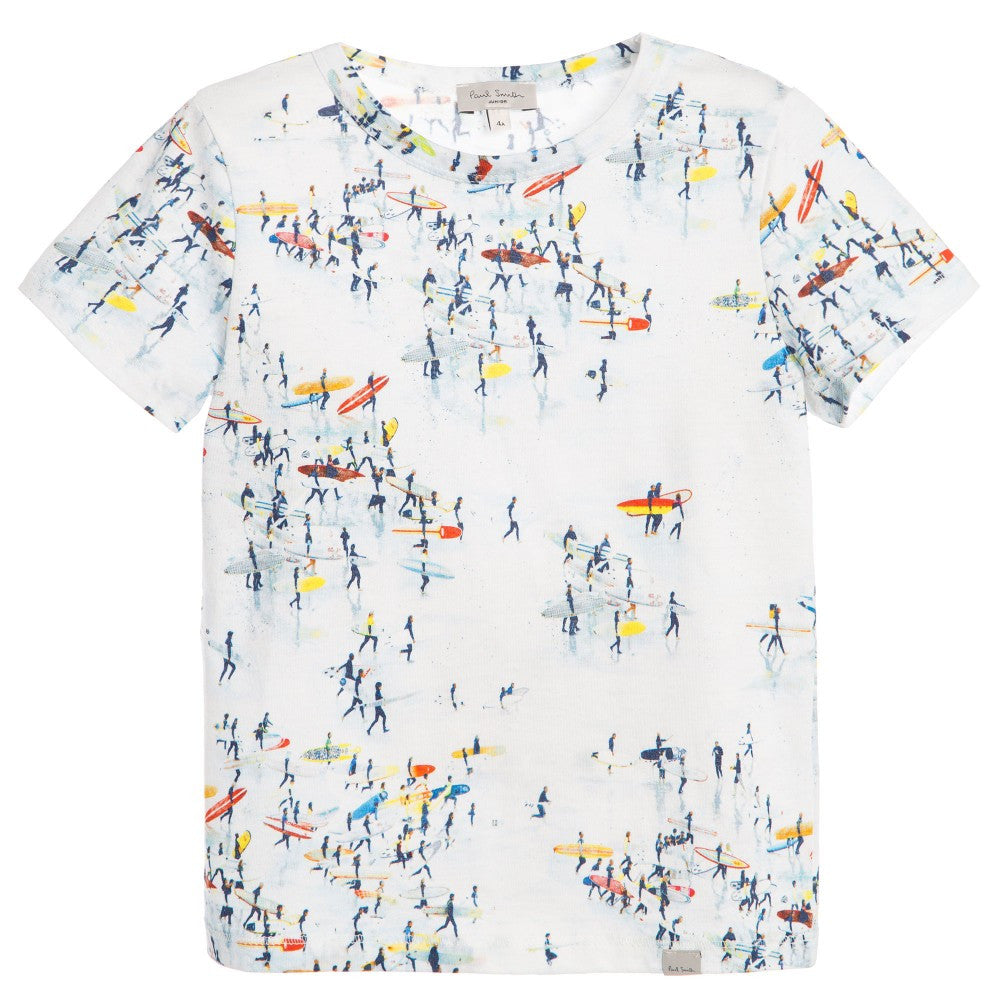 Boys White Cotton T-Shirt With Colorful Print Trims - CÉMAROSE | Children's Fashion Store - 1