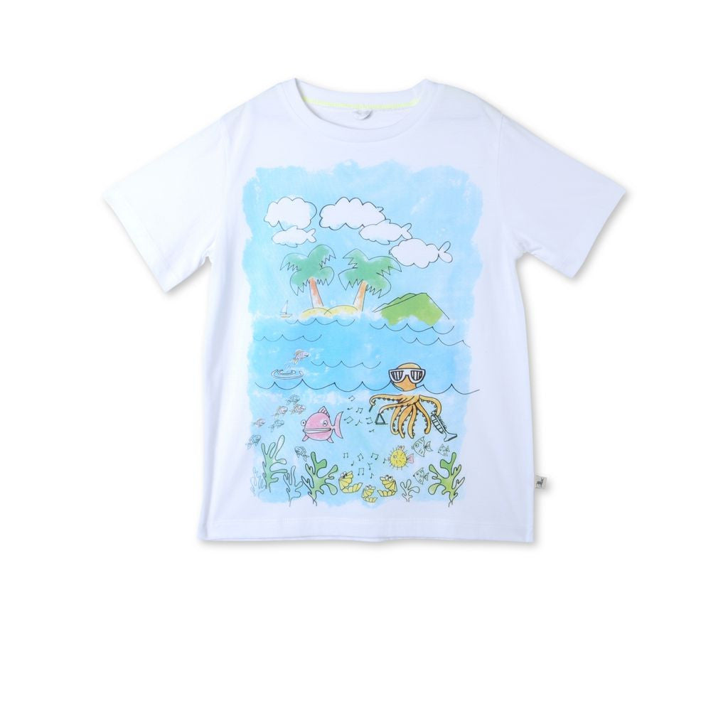 Boys White Arlo Island Print T-shirt - CÉMAROSE | Children's Fashion Store - 1