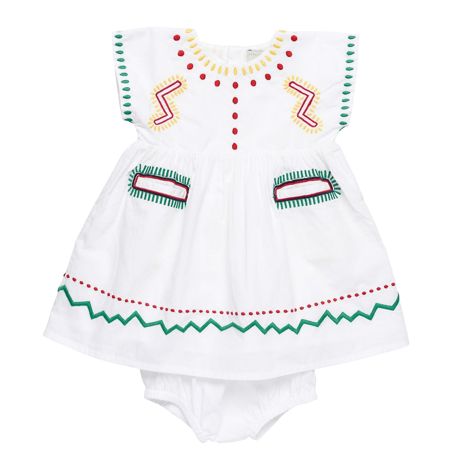 Baby Girls White Cotton Zig Zag Embroidered Trims Dress With Bloomres - CÉMAROSE | Children's Fashion Store