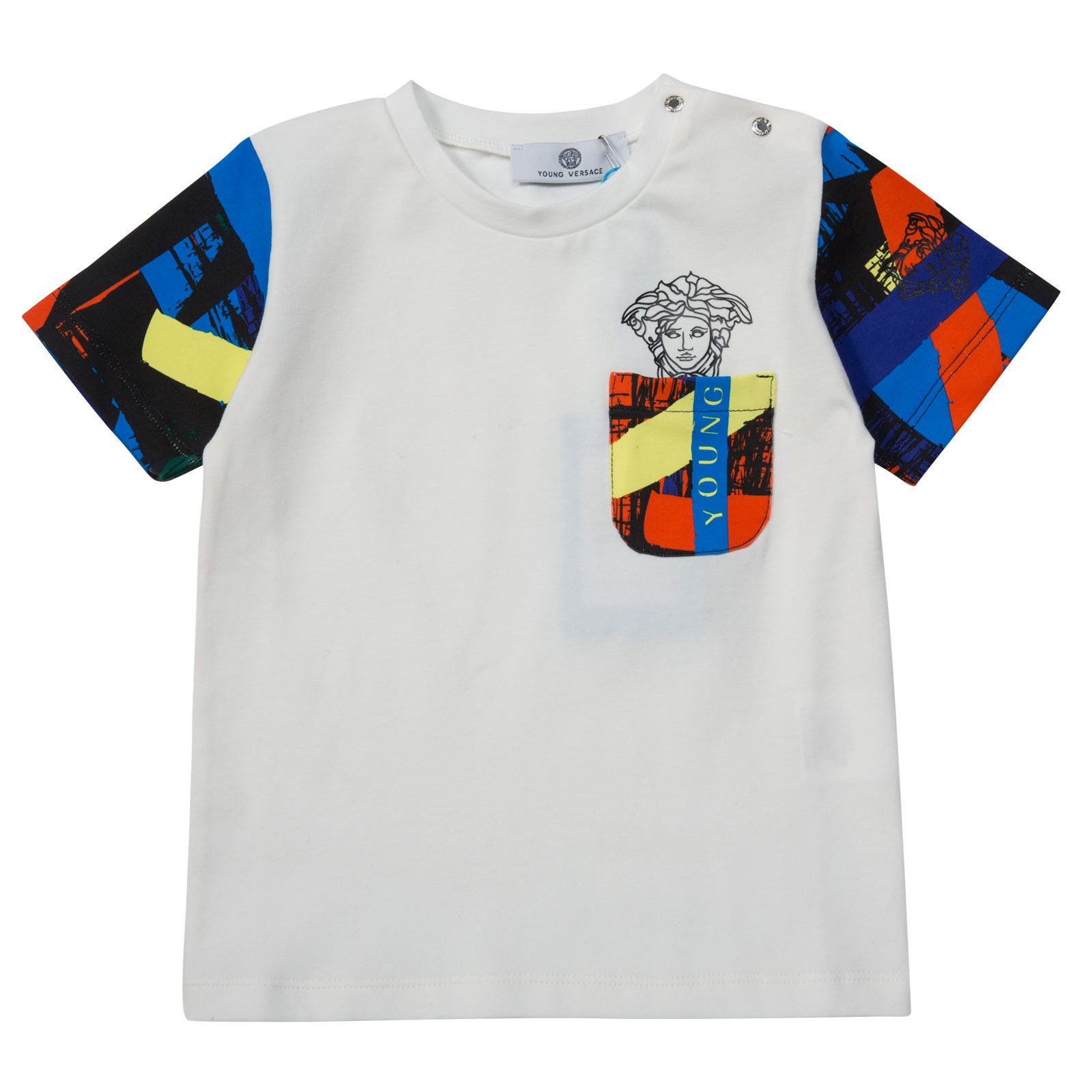 Baby Boys White T-Shirt With Muliticolor Pockets&Cuffs - CÉMAROSE | Children's Fashion Store - 1