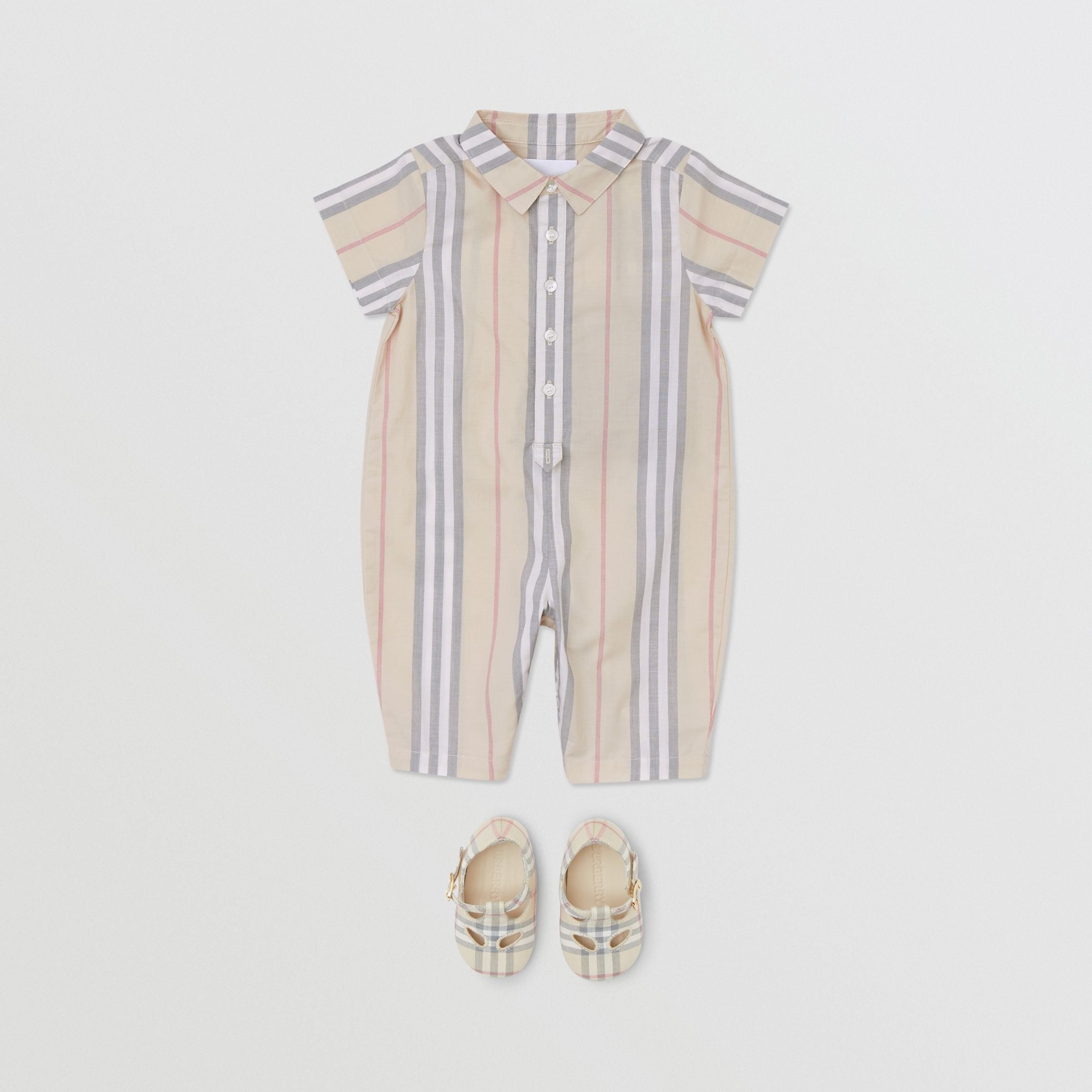 Baby Boys & Girls Beige Striped Cotton Babysuit