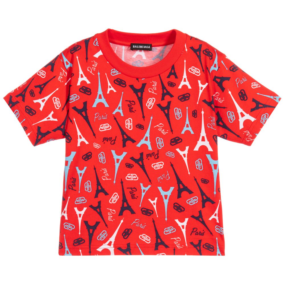 Boys & Girls Red Paris Logo Cotton T-shirt