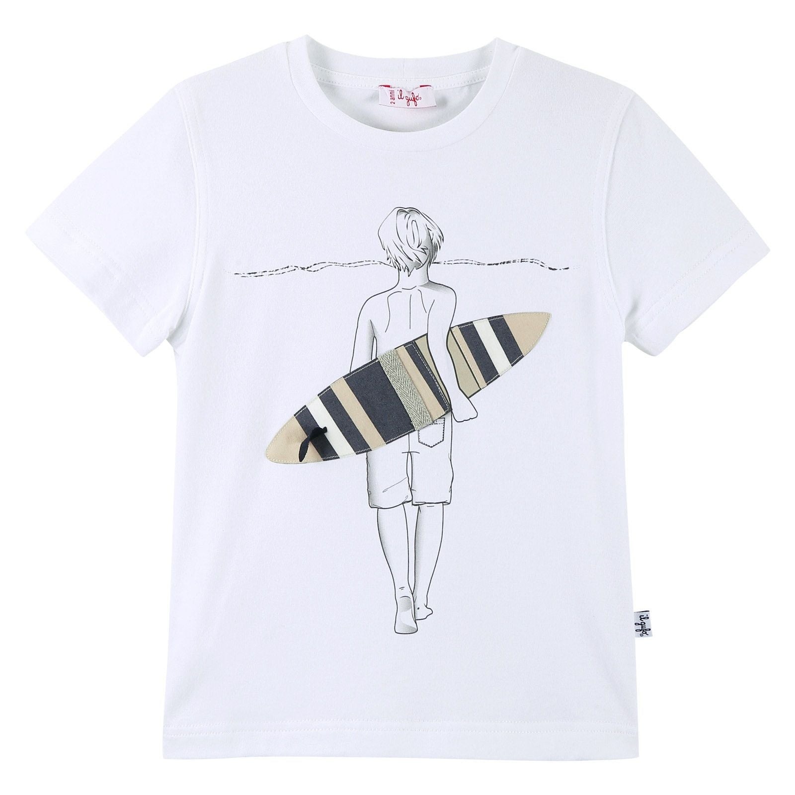 Boys White T-Shirt With Navy Blue Surfing Cartoon Print Logo - CÉMAROSE | Children's Fashion Store - 1