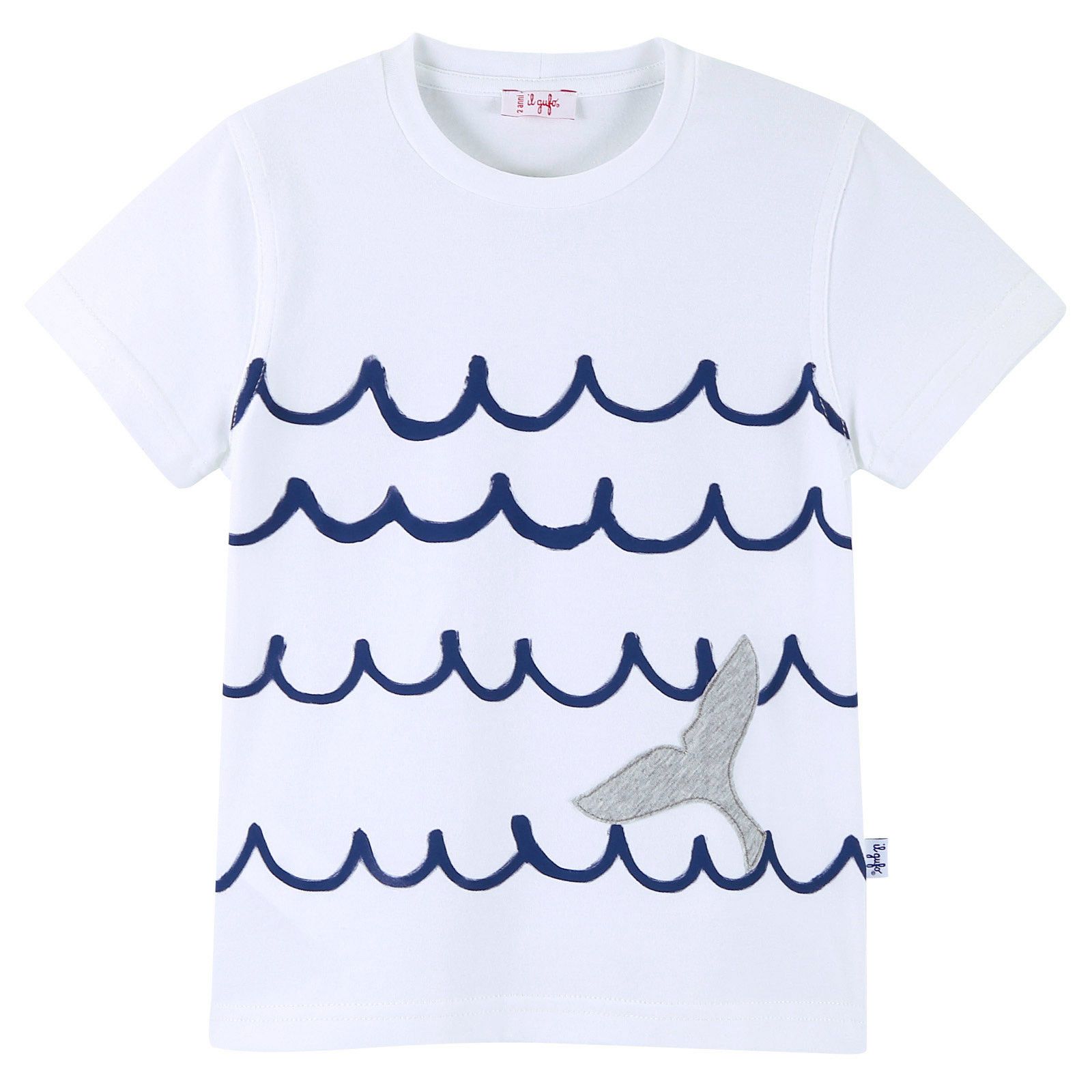 Boys White T-Shirt With Navy Blue Ripple Print - CÉMAROSE | Children's Fashion Store - 1