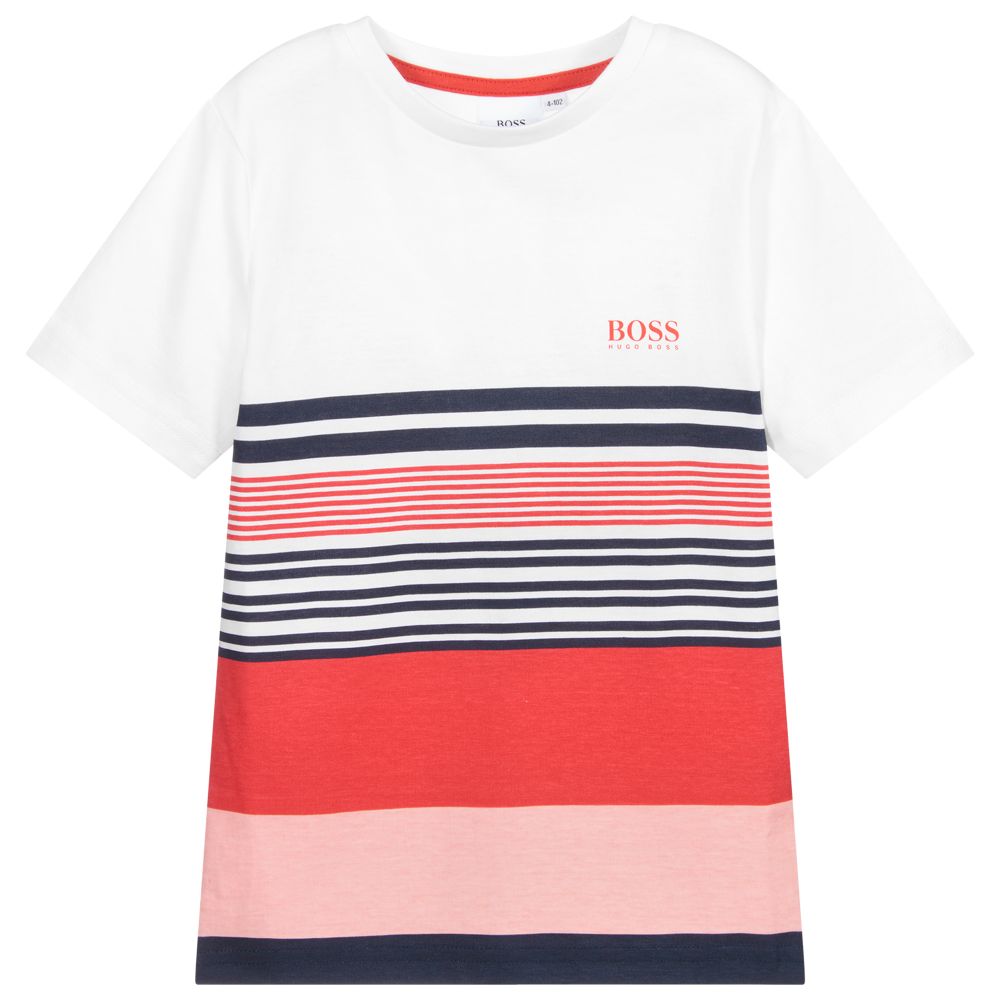 Boys White & Red Stripes Cotton T-Shirt