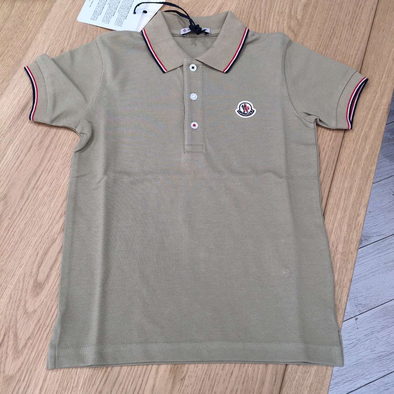 Boys Grey-Green Cotton Logo Polo Shirt With Striped Trims Collar - CÉMAROSE | Children's Fashion Store