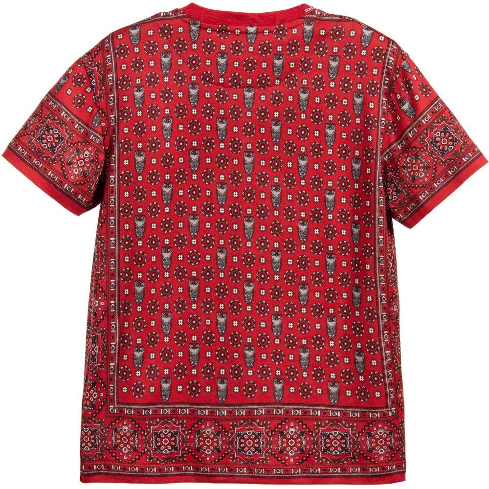 Boys Red Owl Face Printed Cotton Jersey T-Shirt - CÉMAROSE | Children's Fashion Store - 2