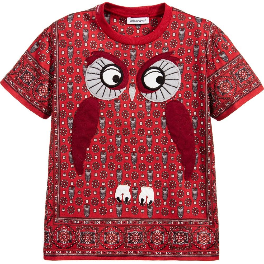 Boys Red Owl Face Printed Cotton Jersey T-Shirt - CÉMAROSE | Children's Fashion Store - 1