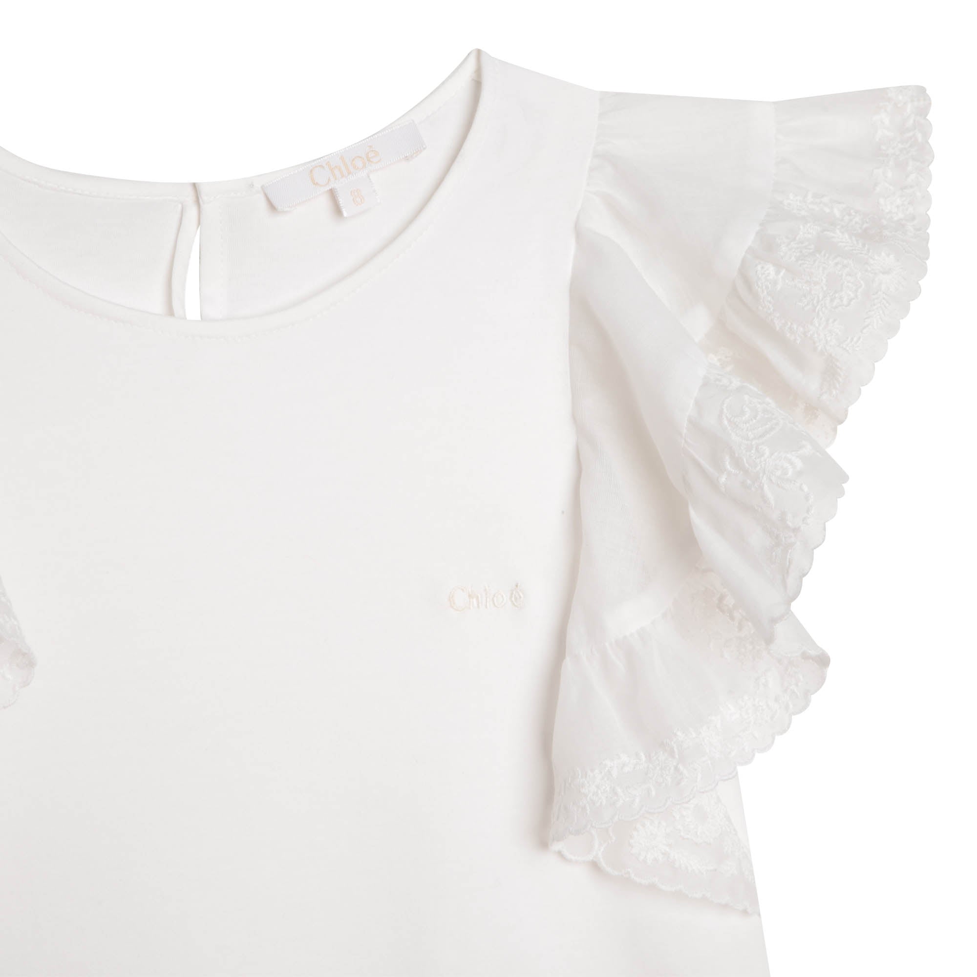 Girls White Ruffled Cotton T-Shirt