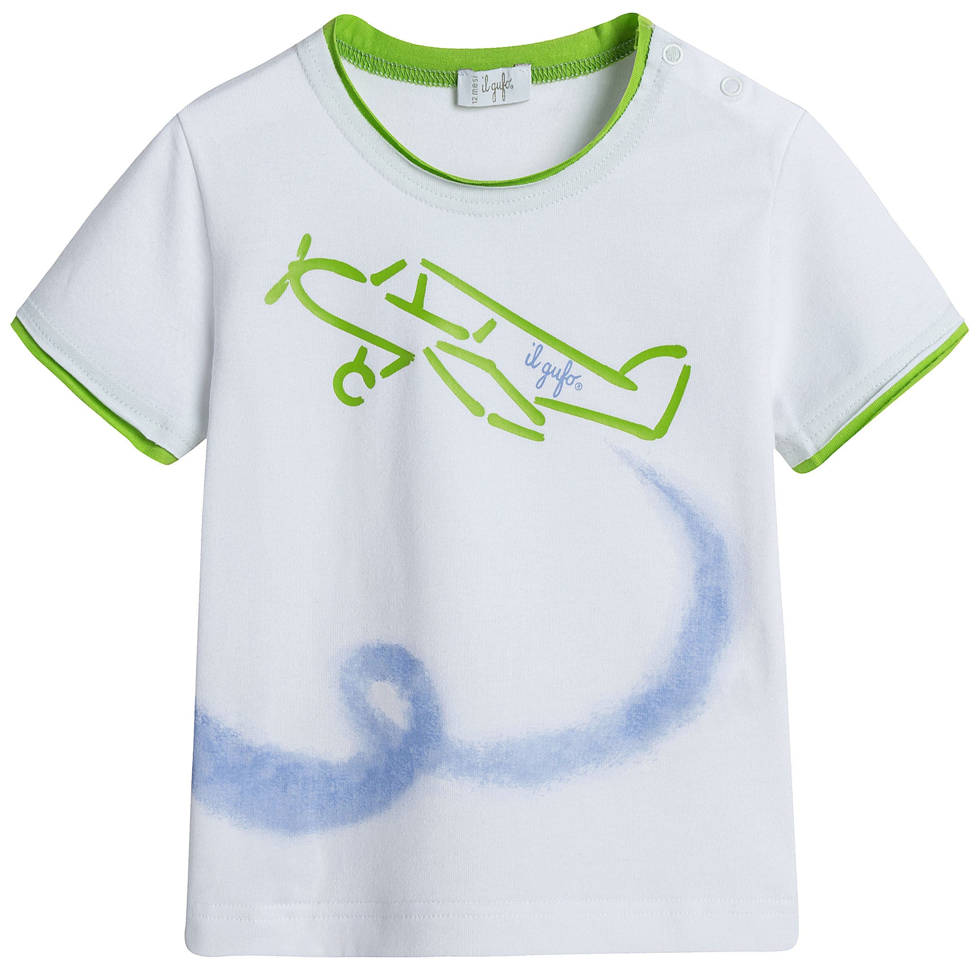 Baby Boys White Cotton Jersey T-Shirt With Green aircraf Pattern - CÉMAROSE | Children's Fashion Store - 1