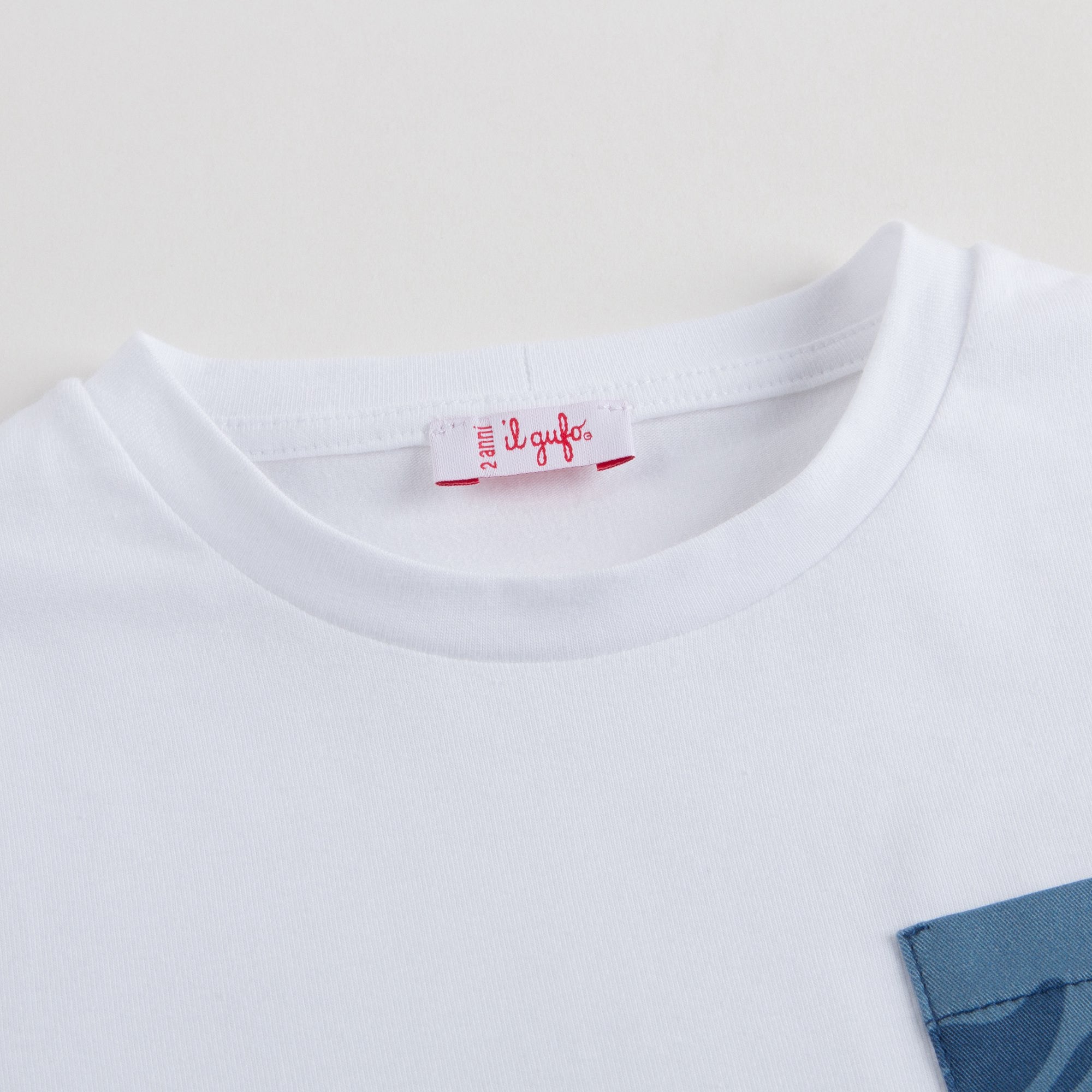 Boys White T-shirt with Contrasting Blue Pocket