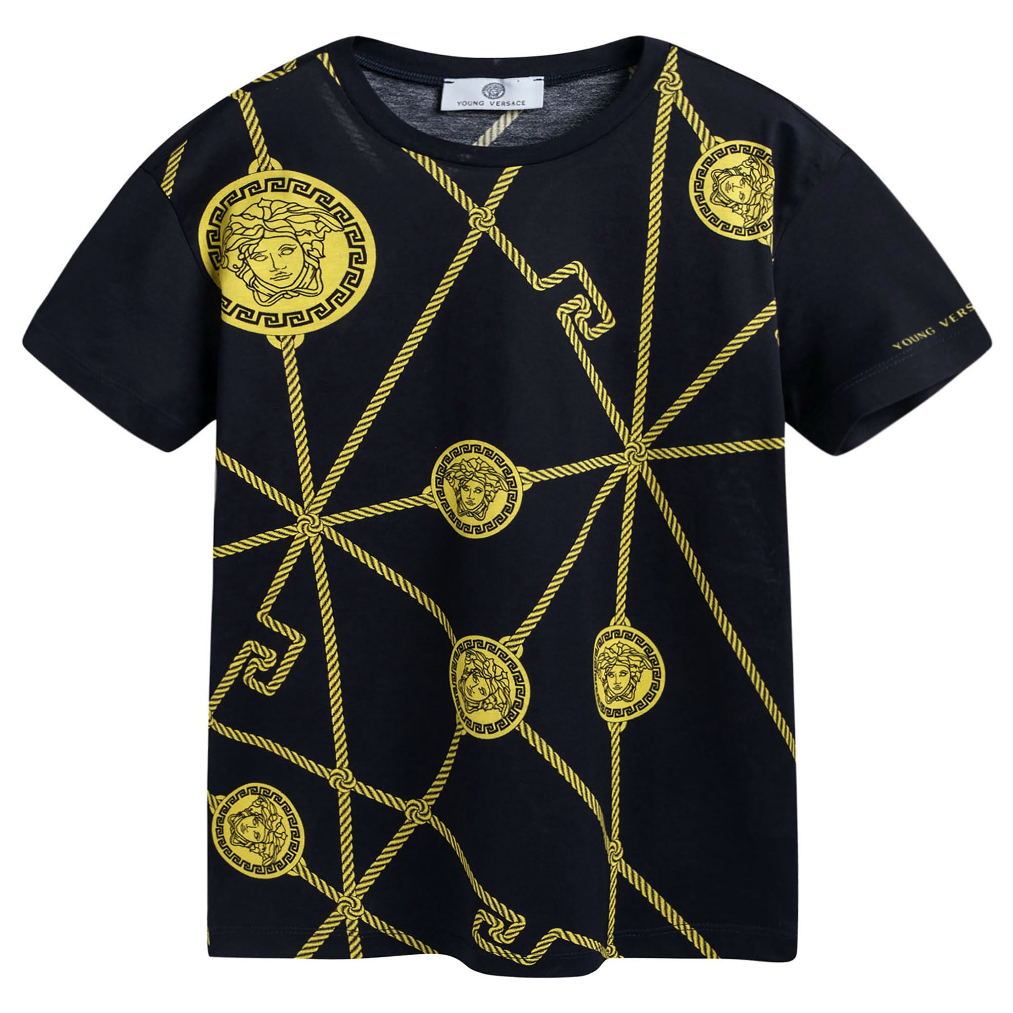 Boys Navy Blue Cotton T-Shoirt With Yellow Medusa Print