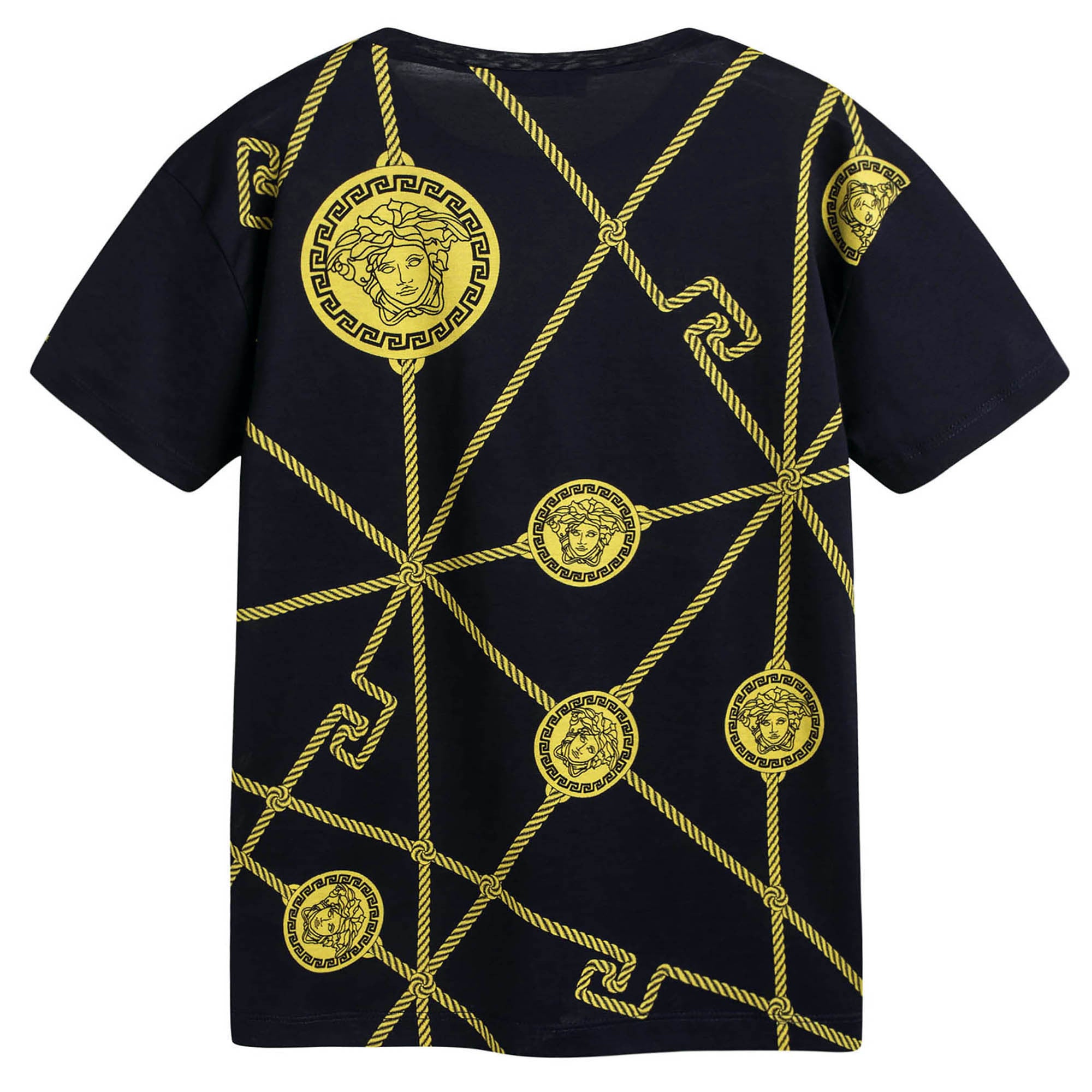 Boys Navy Blue Cotton T-Shoirt With Yellow Medusa Print