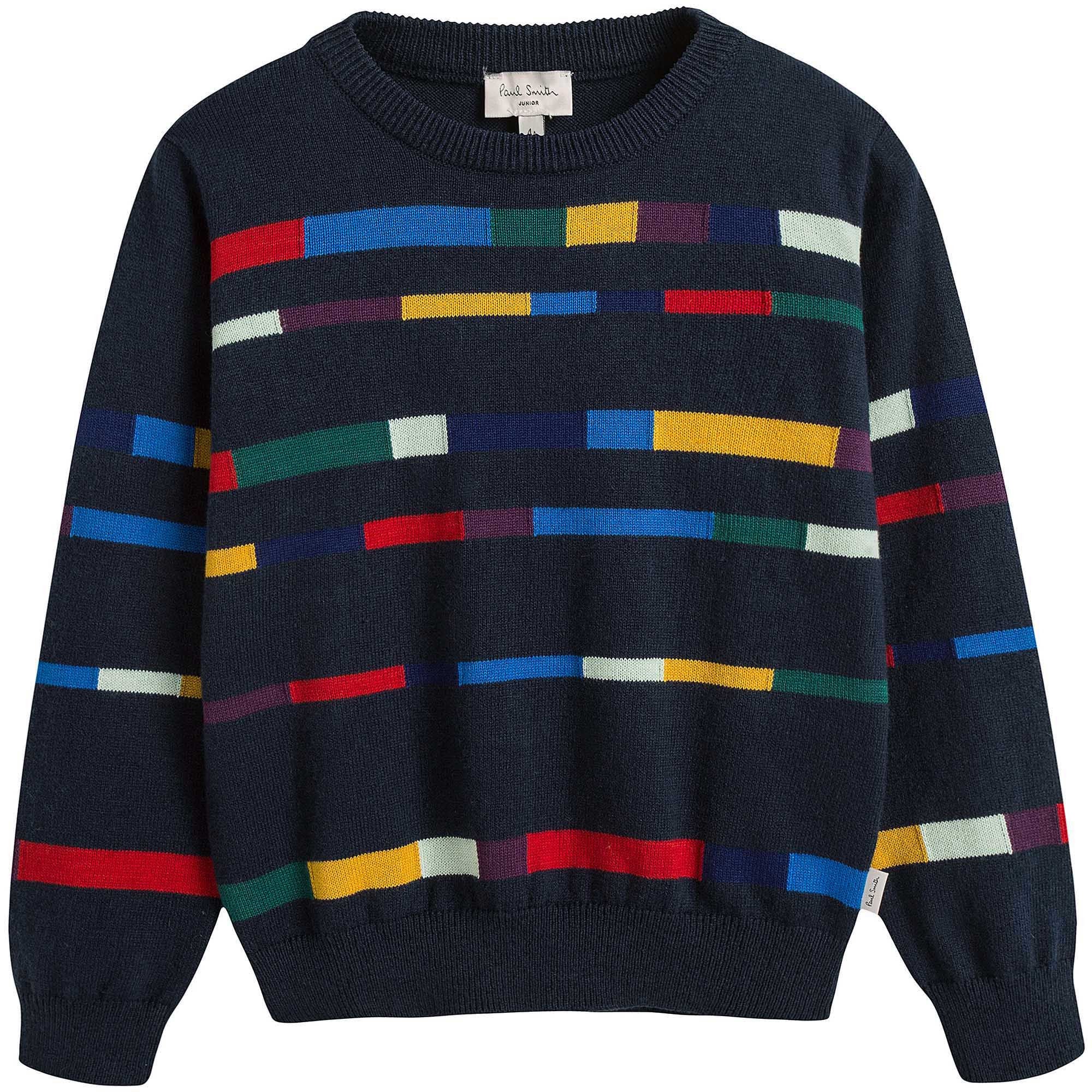 Boys Dark Blue Cotton Knitted Sweater With Multicolor Print - CÉMAROSE | Children's Fashion Store - 1