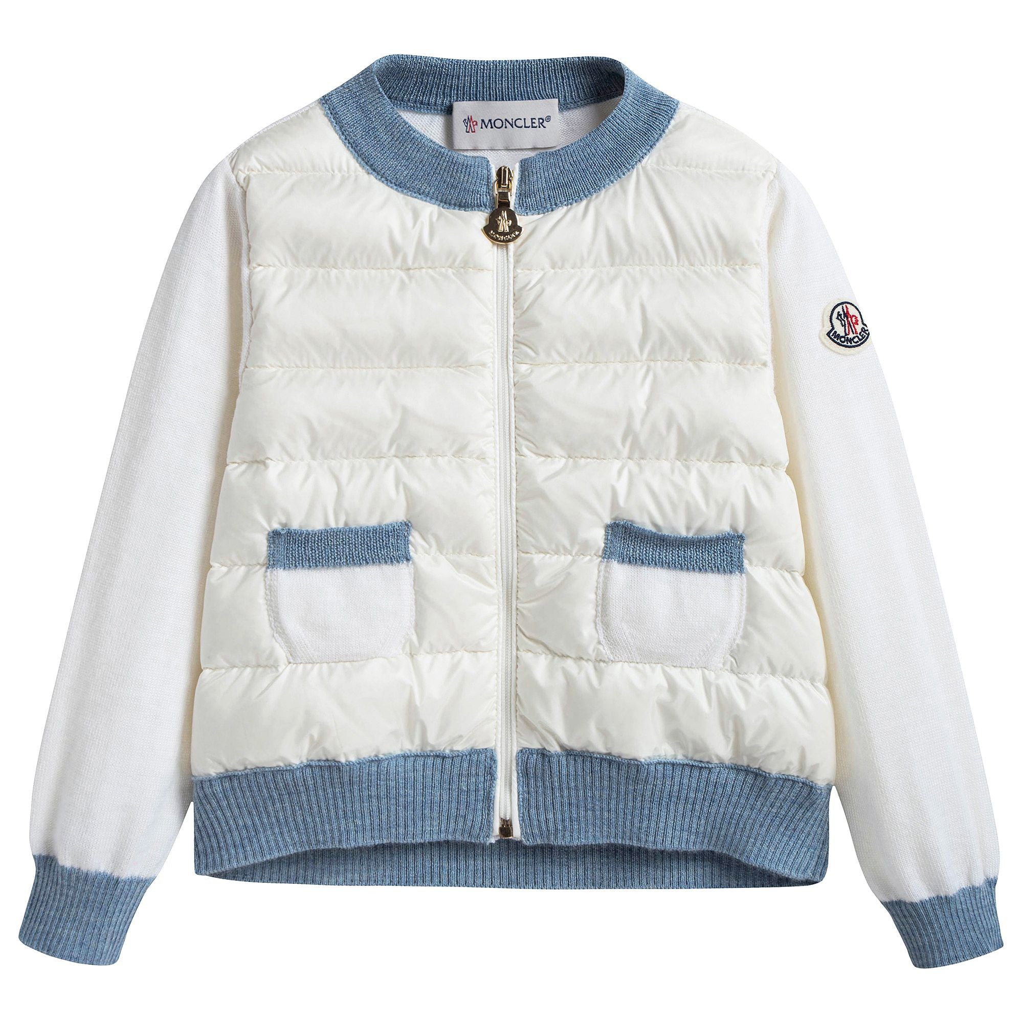 Baby Girls White Down Padded Cardigan With Blue Trim