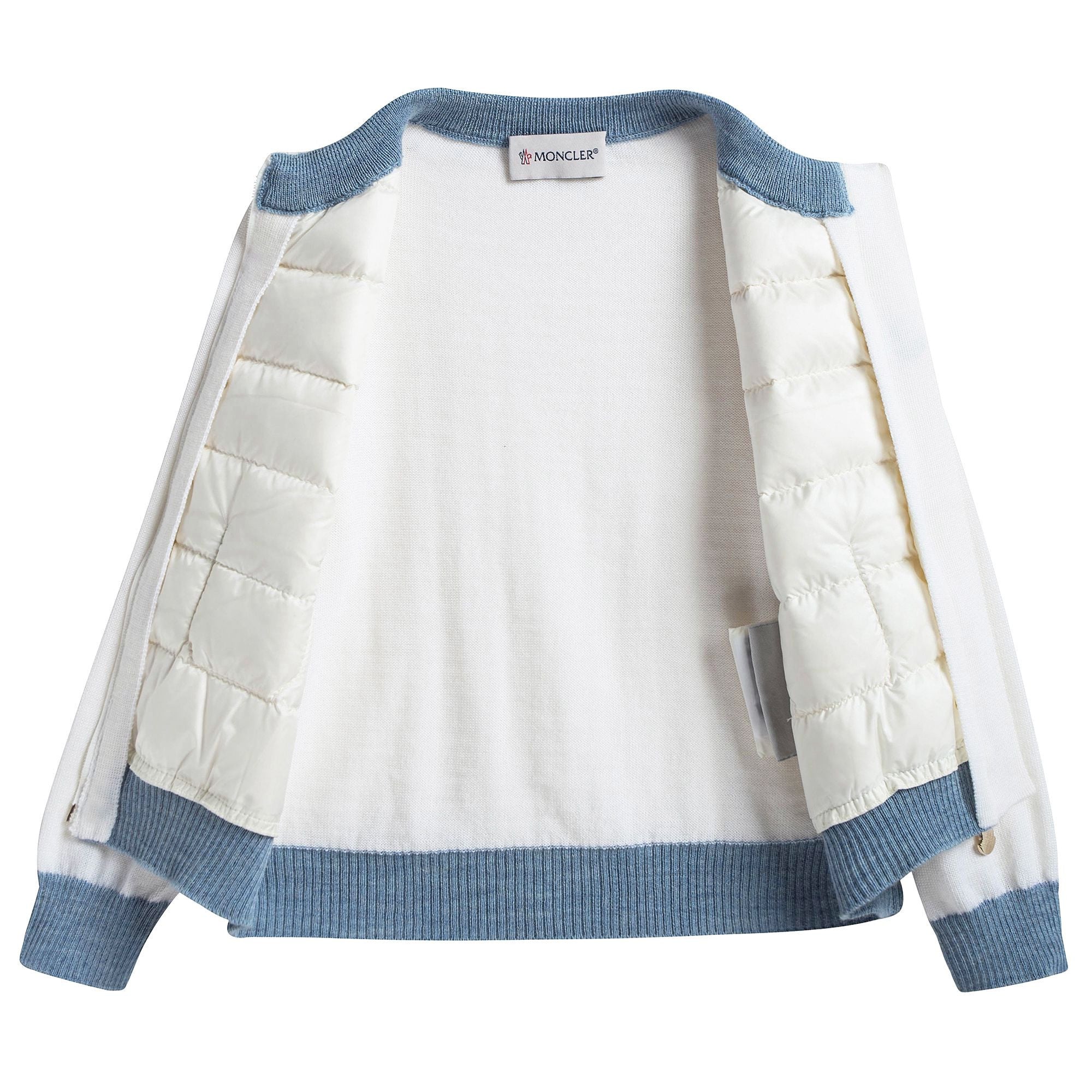 Baby Girls White Down Padded Cardigan With Blue Trim