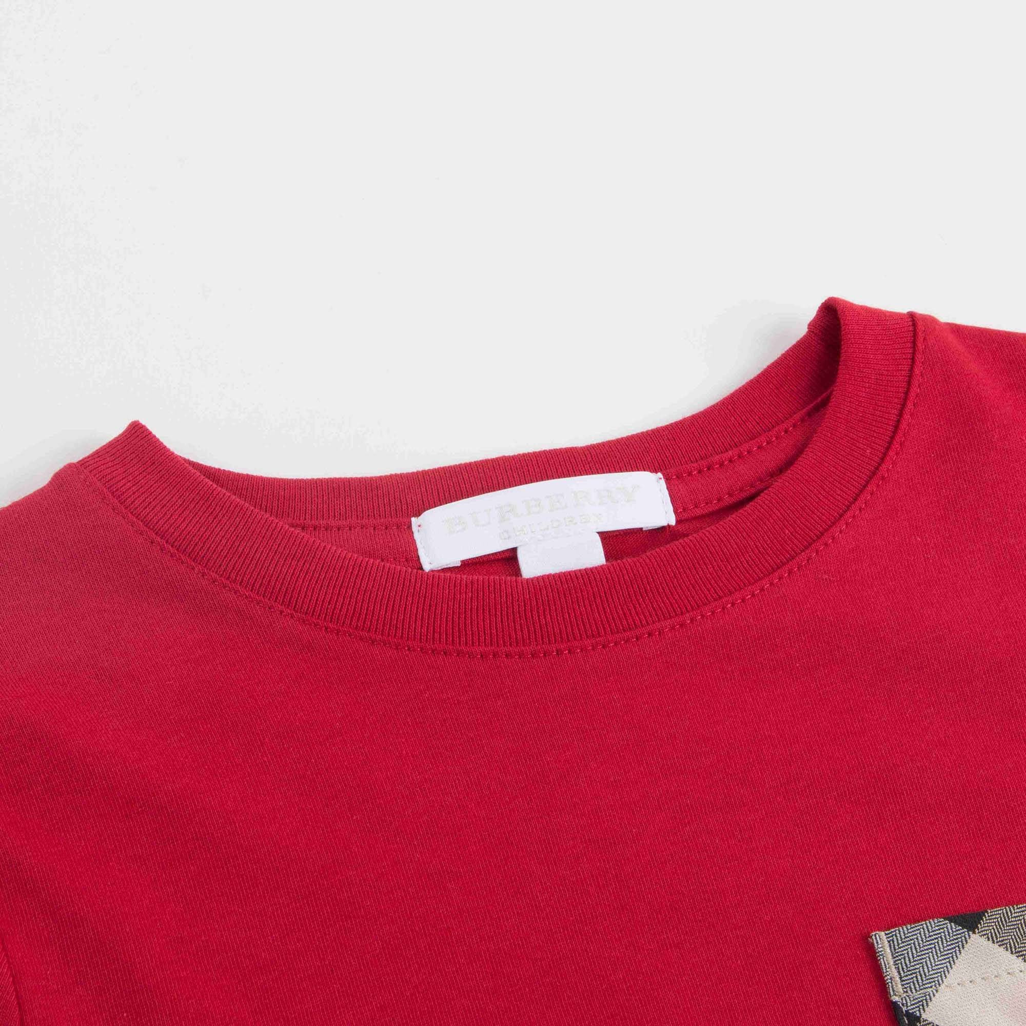 Boys Red Cotton T-shirt With Check Pocket