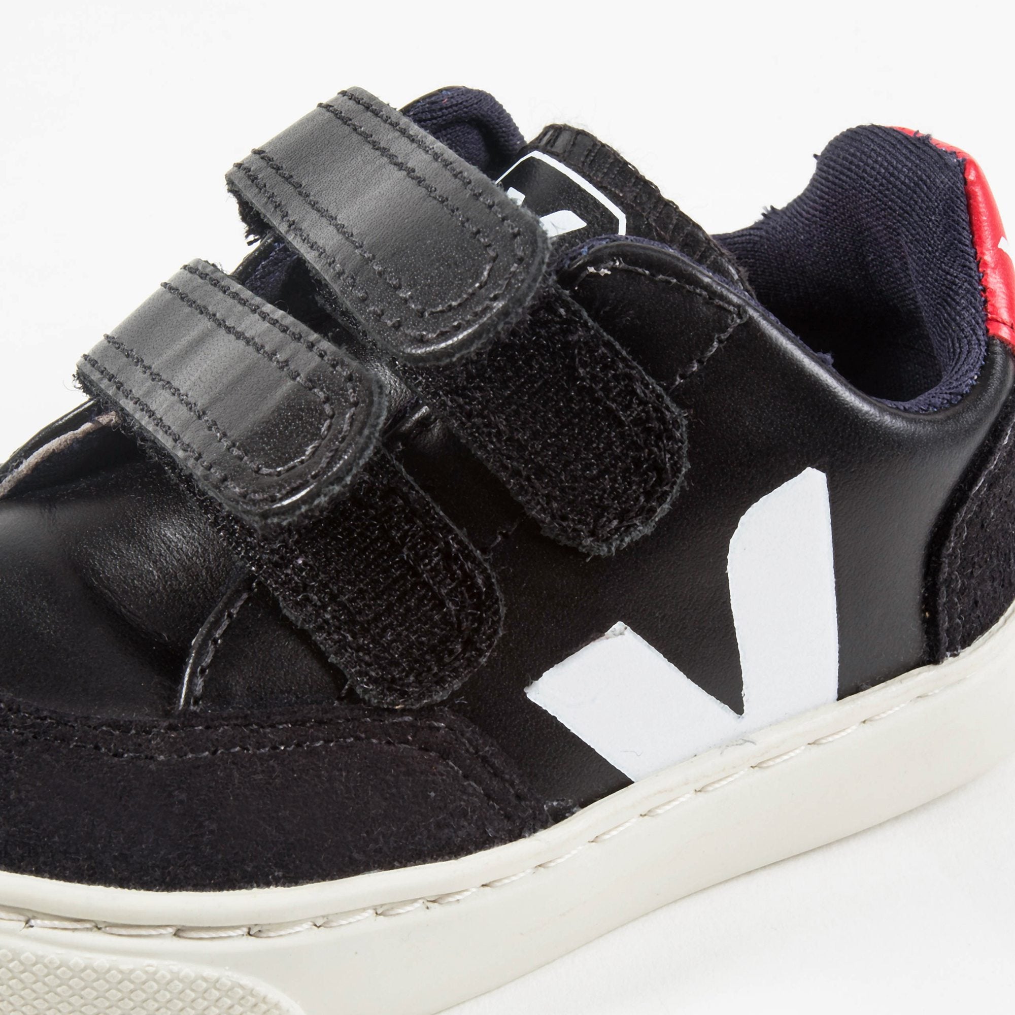 Boys  Navy  Blue   Leather Velcro   With   Red  "V" Shoes