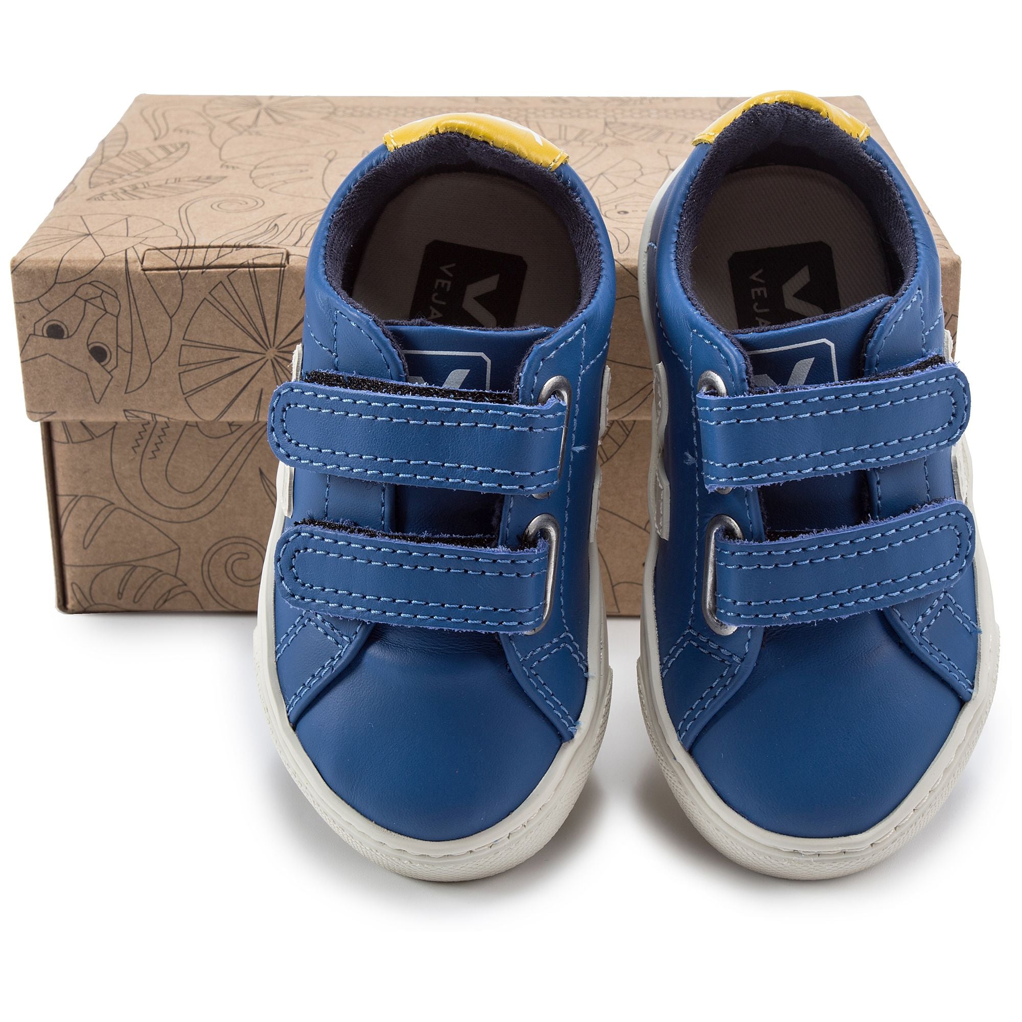 Boys Blue Leather Velcro Whit White "V" Shoes