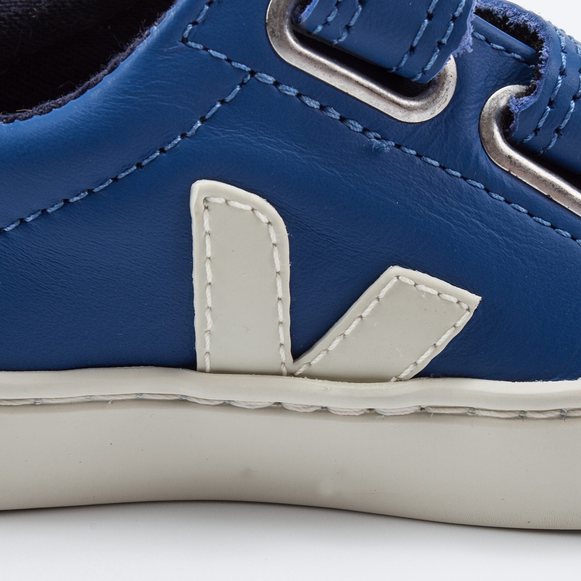 Boys Blue Leather Velcro Whit White "V" Shoes