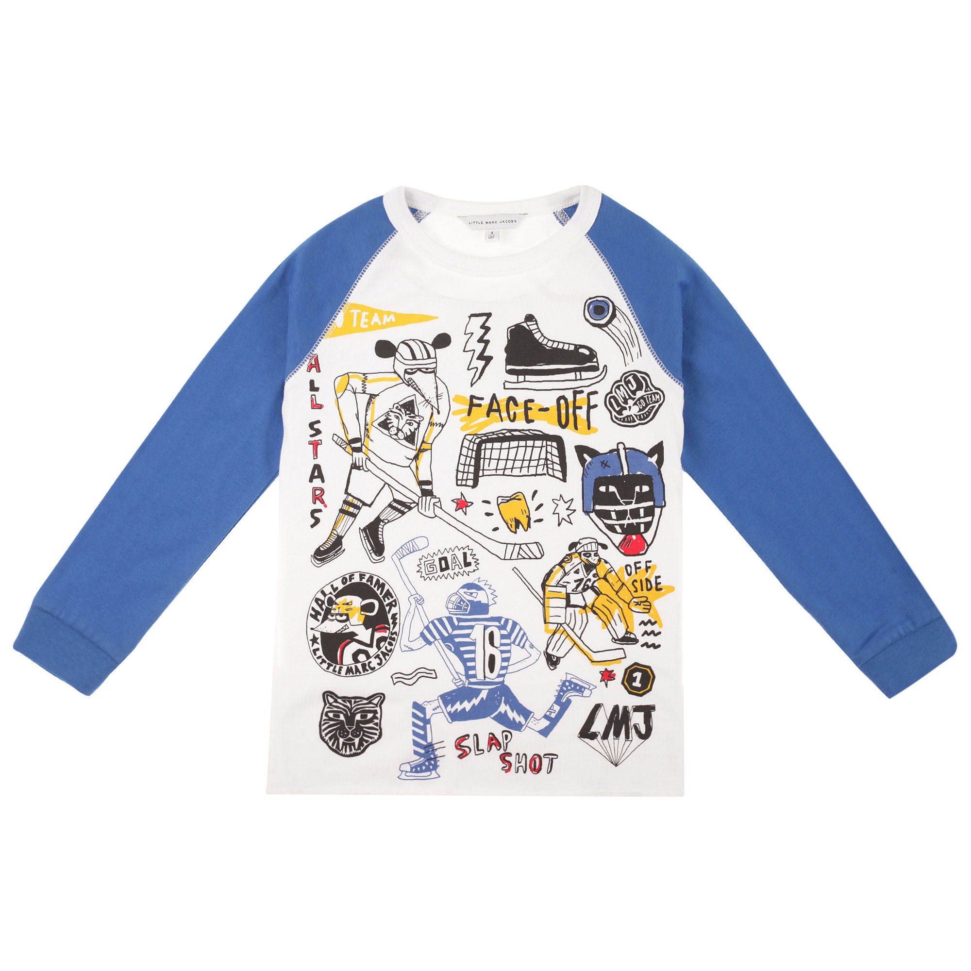 Boys White Cotton T-Shirt With Blue Cuffs - CÉMAROSE | Children's Fashion Store - 1