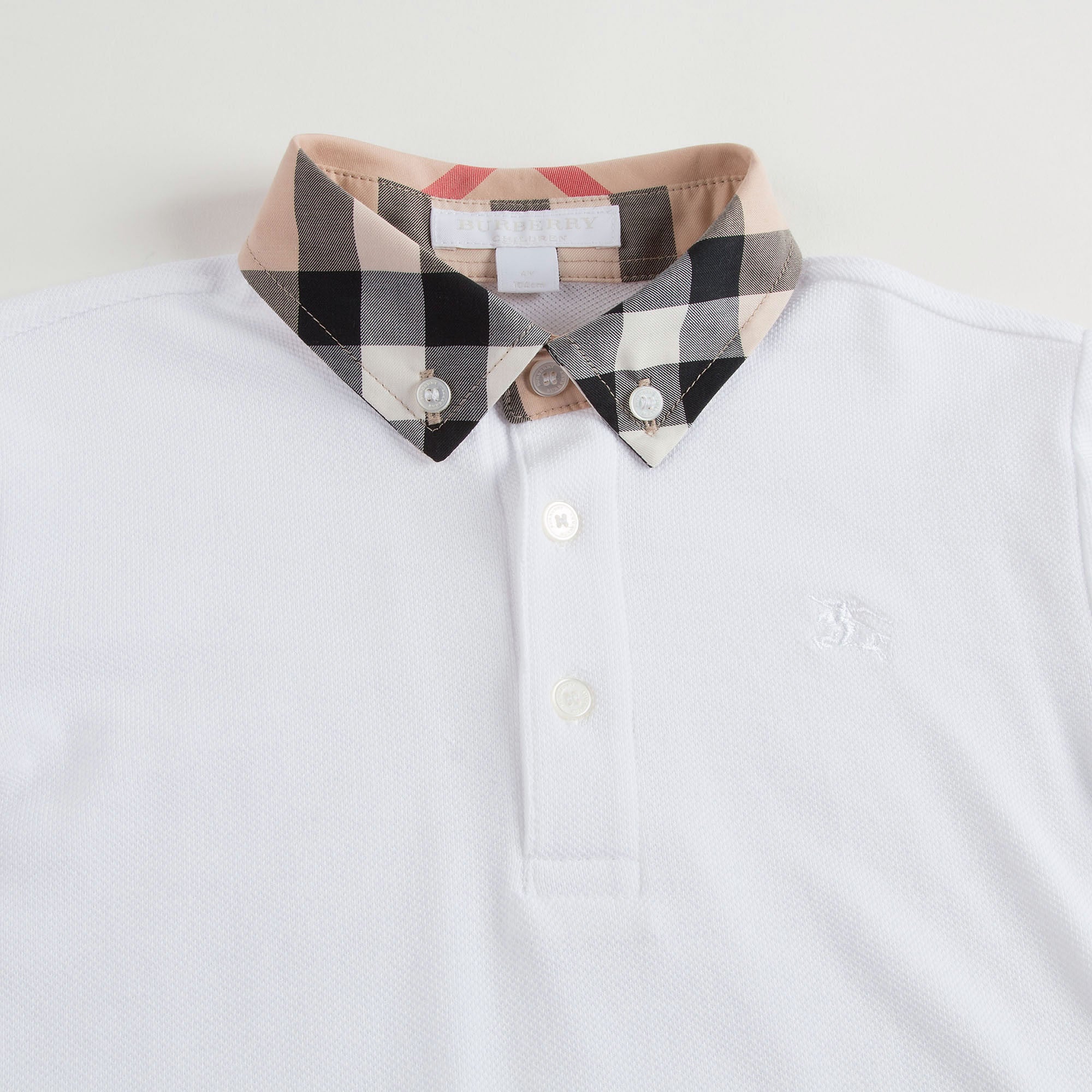 Boys White Cotton Polo Shirt With Check Collar