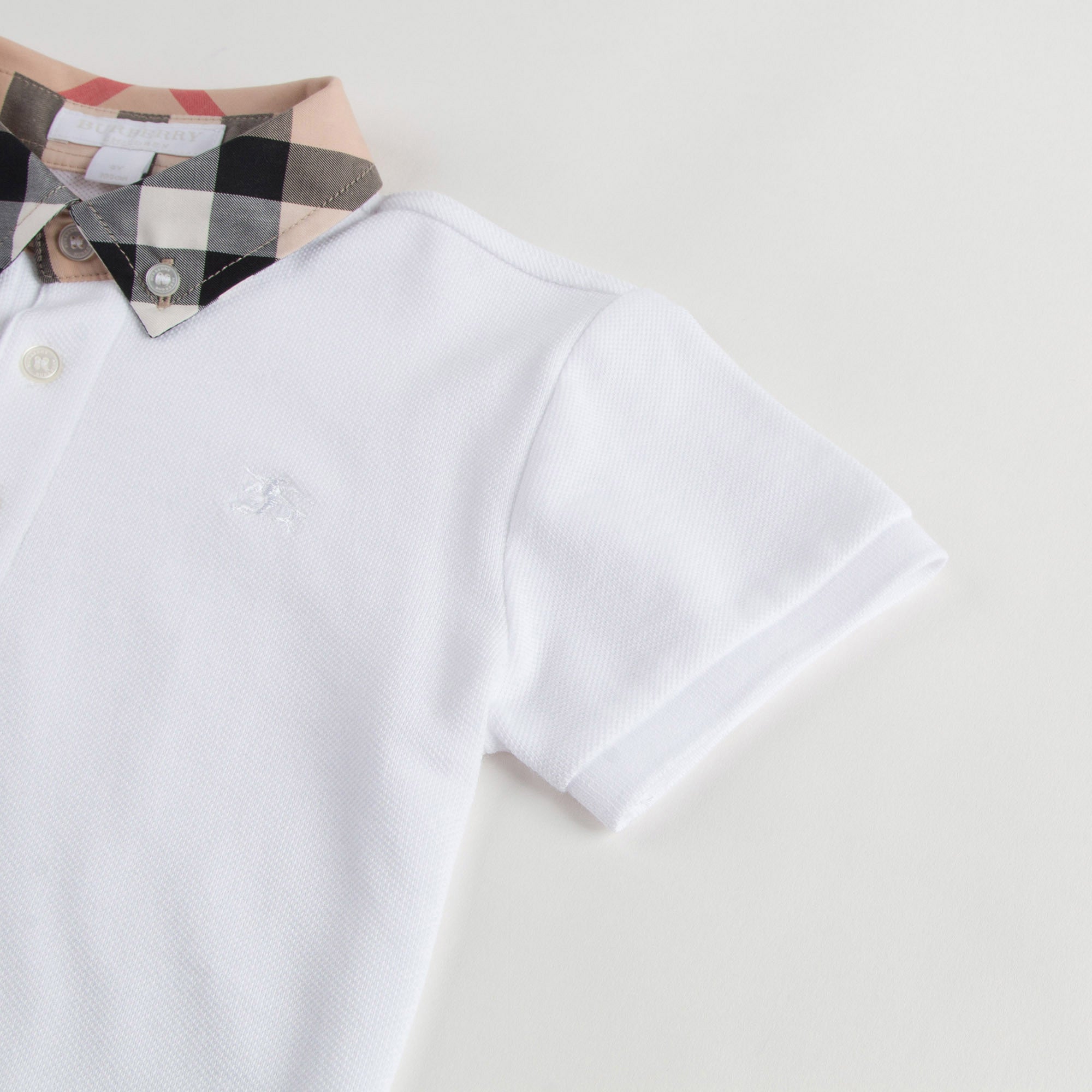 Boys White Cotton Polo Shirt With Check Collar