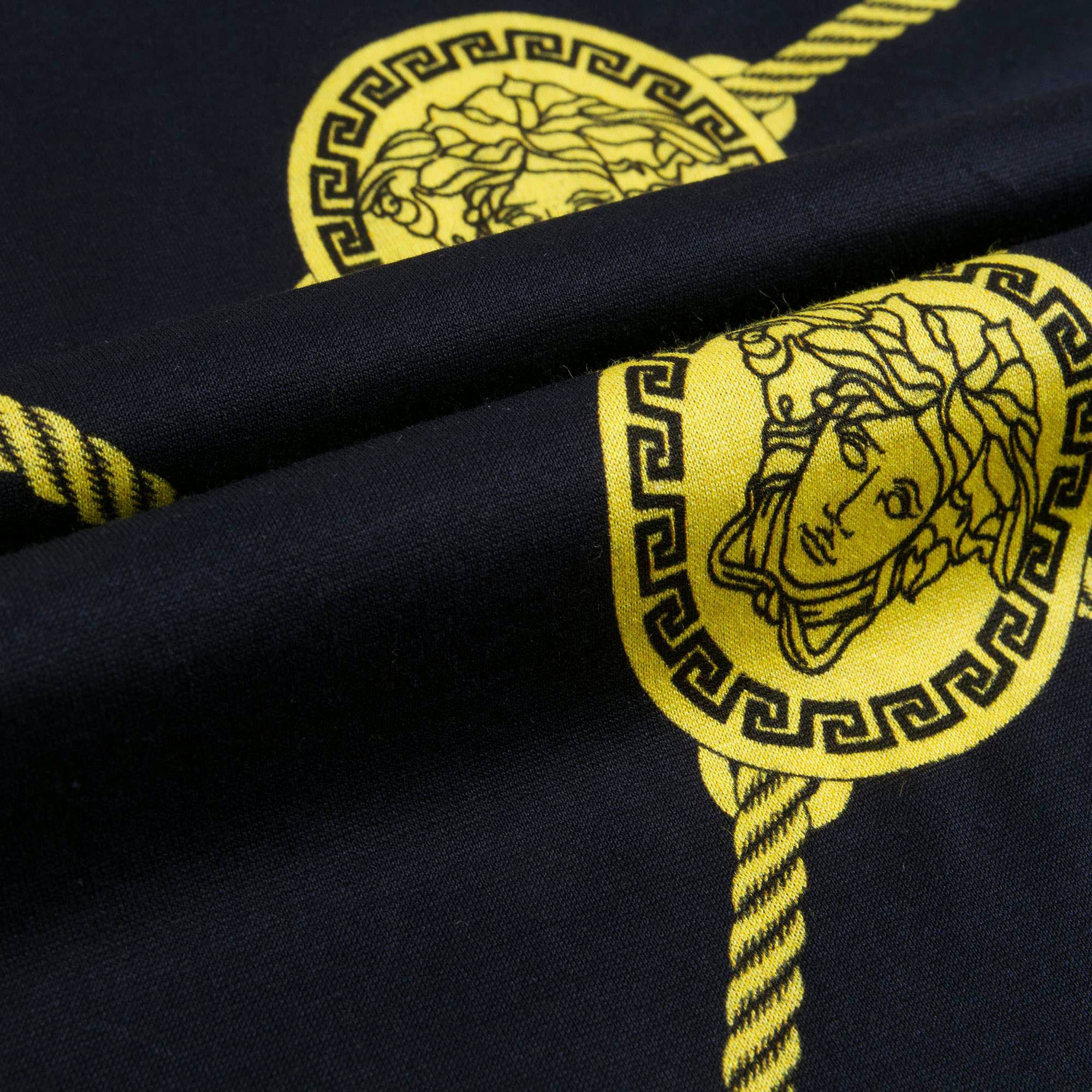 Boys Navy Blue Cotton T-Shoirt With Yellow Medusa Print