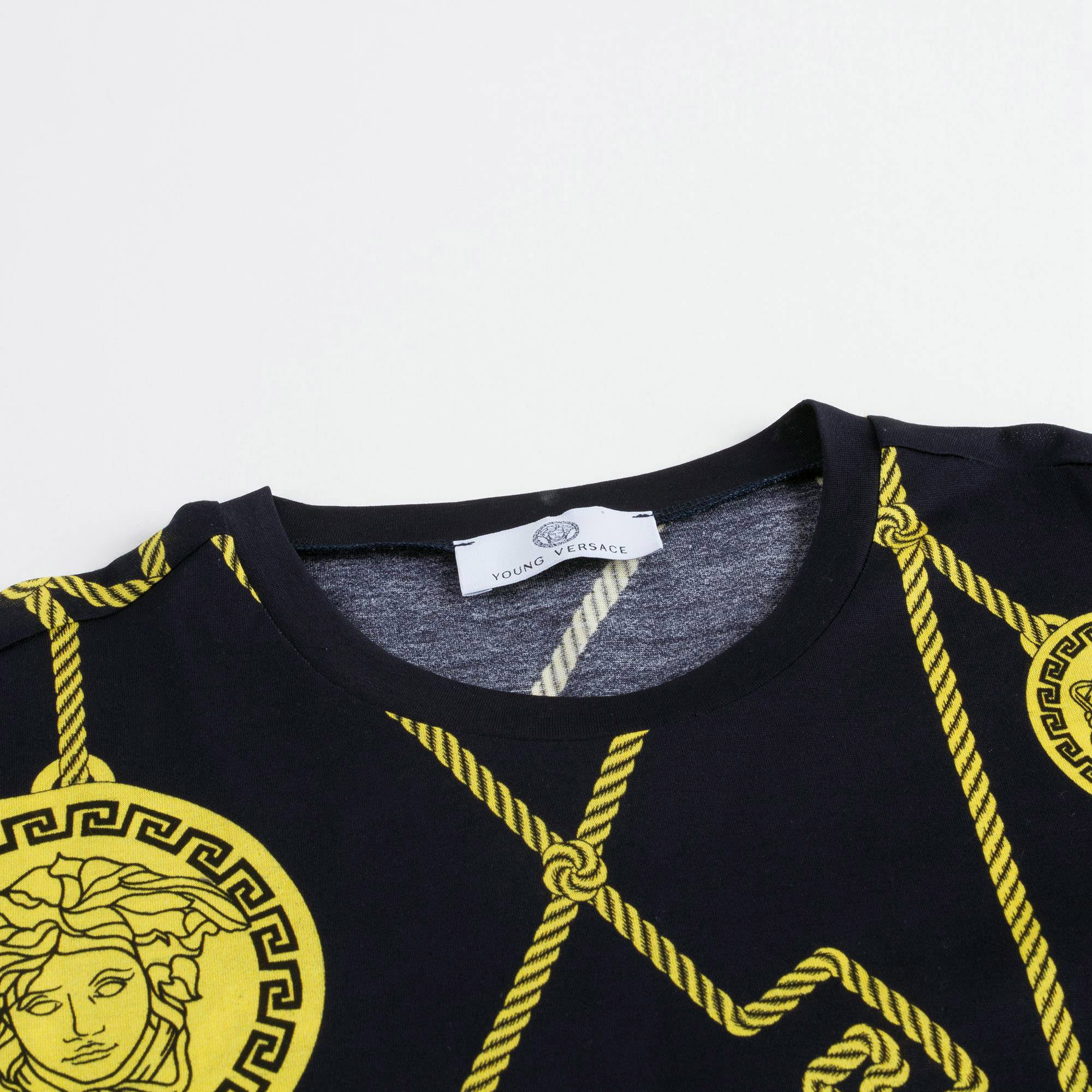 Boys Navy Blue Cotton T-Shoirt With Yellow Medusa Print