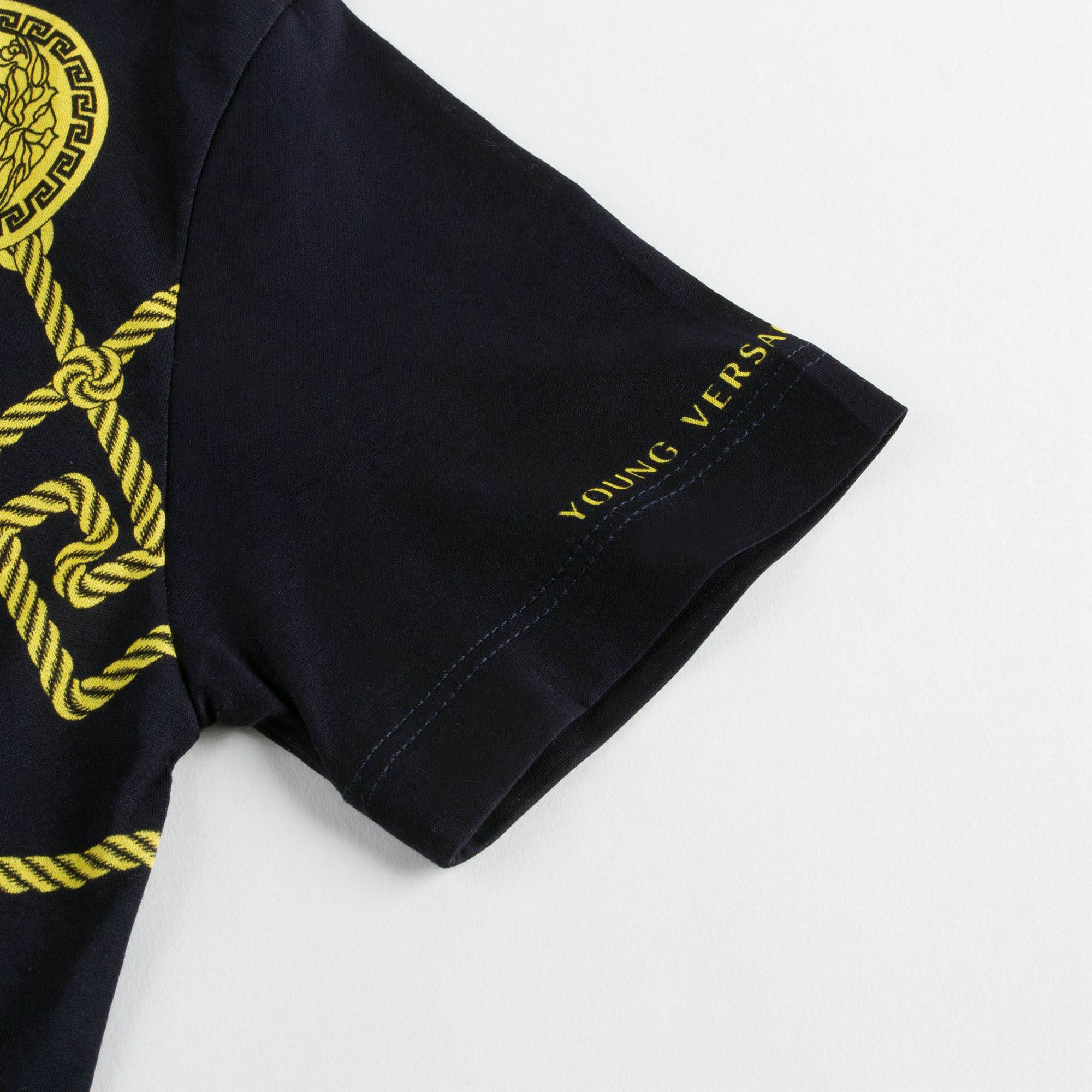 Boys Navy Blue Cotton T-Shoirt With Yellow Medusa Print