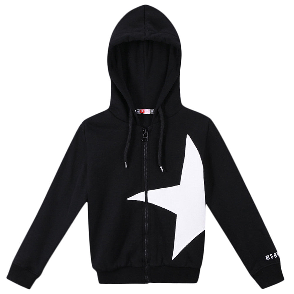 Boys Black Hooded Cotton Zip-Up Top With White Star Trims - CÉMAROSE | Children's Fashion Store - 1