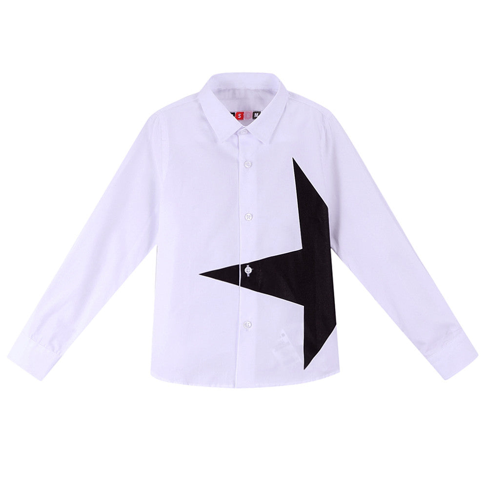 Boys White Cotton Shirt With Black Star Trims - CÉMAROSE | Children's Fashion Store - 1