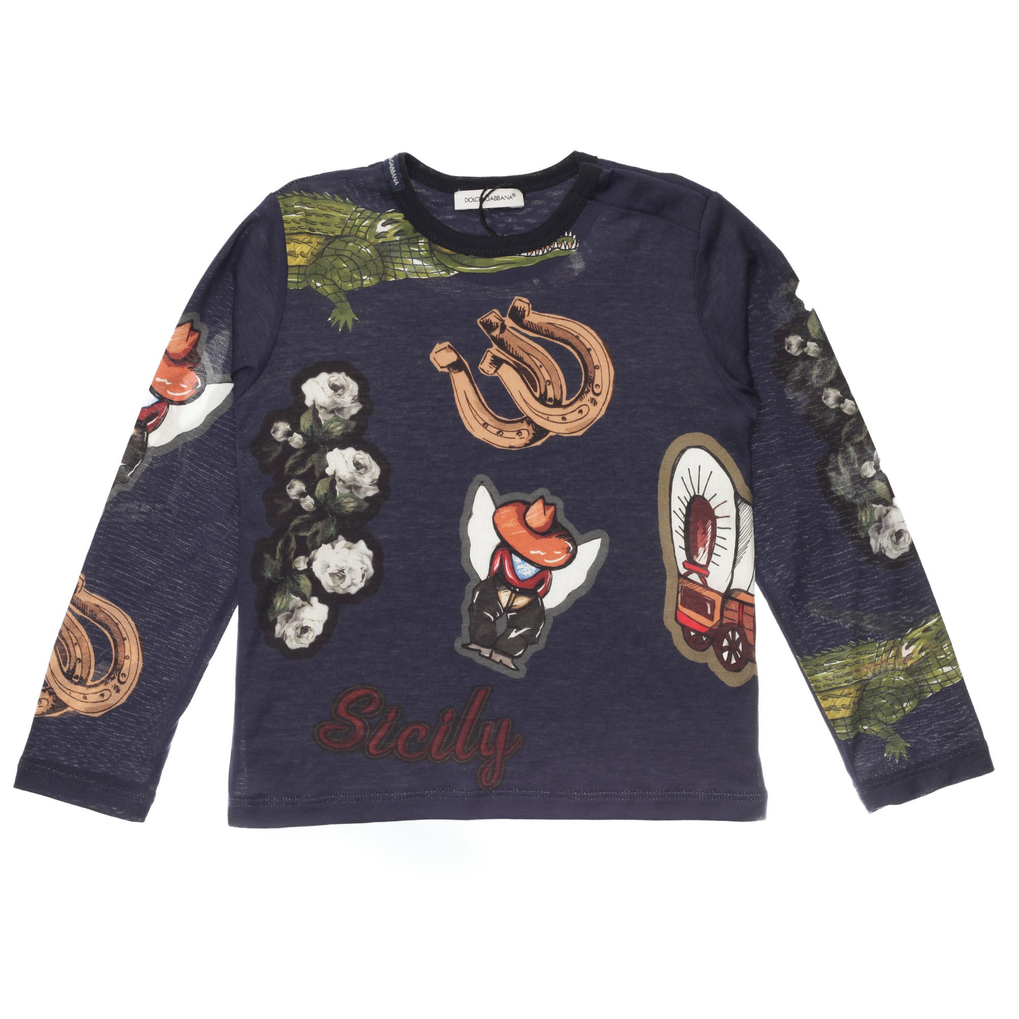 Baby Boys Navy Blue Sicilian Western Printed Cotton T-Shirt - CÉMAROSE | Children's Fashion Store - 1